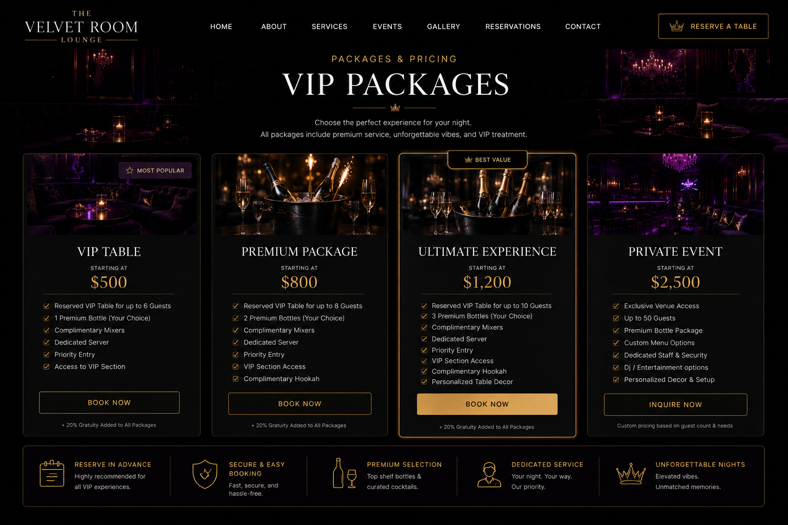 Lounge pricing and package tiers mockup