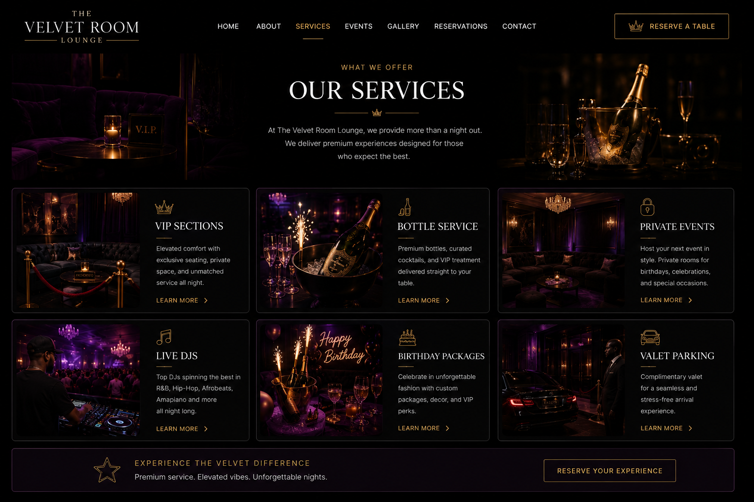 Lounge services and experiences page mockup