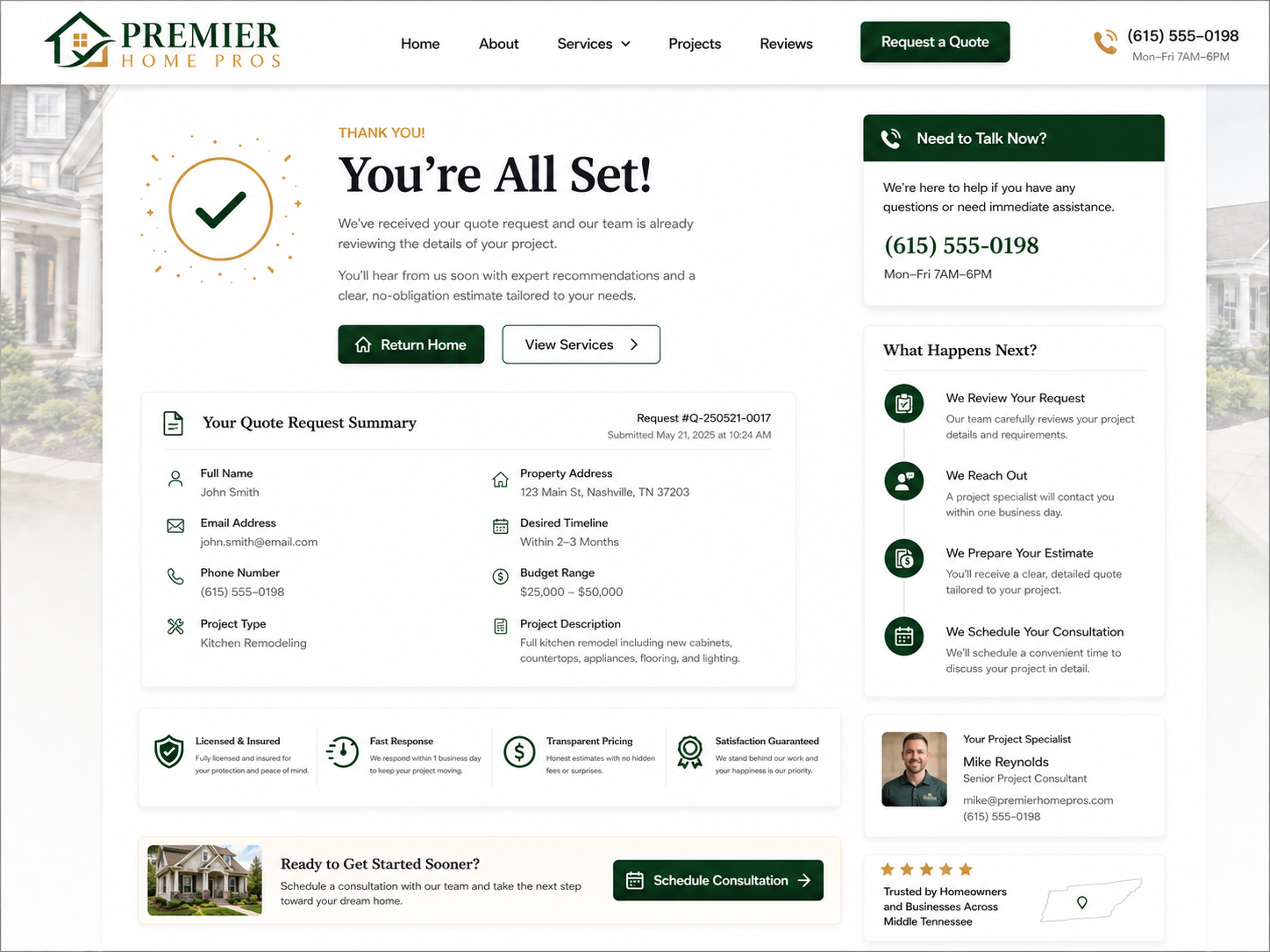 Summit Home Pros quote confirmation success state mockup