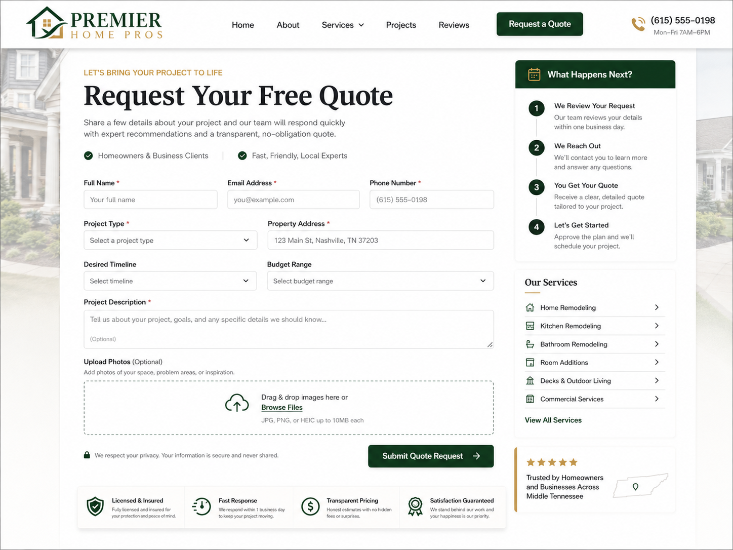 Summit Home Pros quote request form mockup