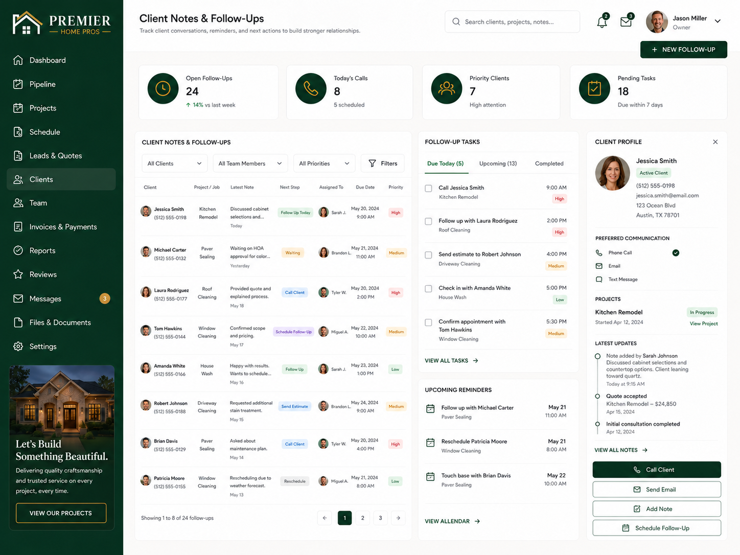 Summit Home Pros client notes and follow-up tasks dashboard panel