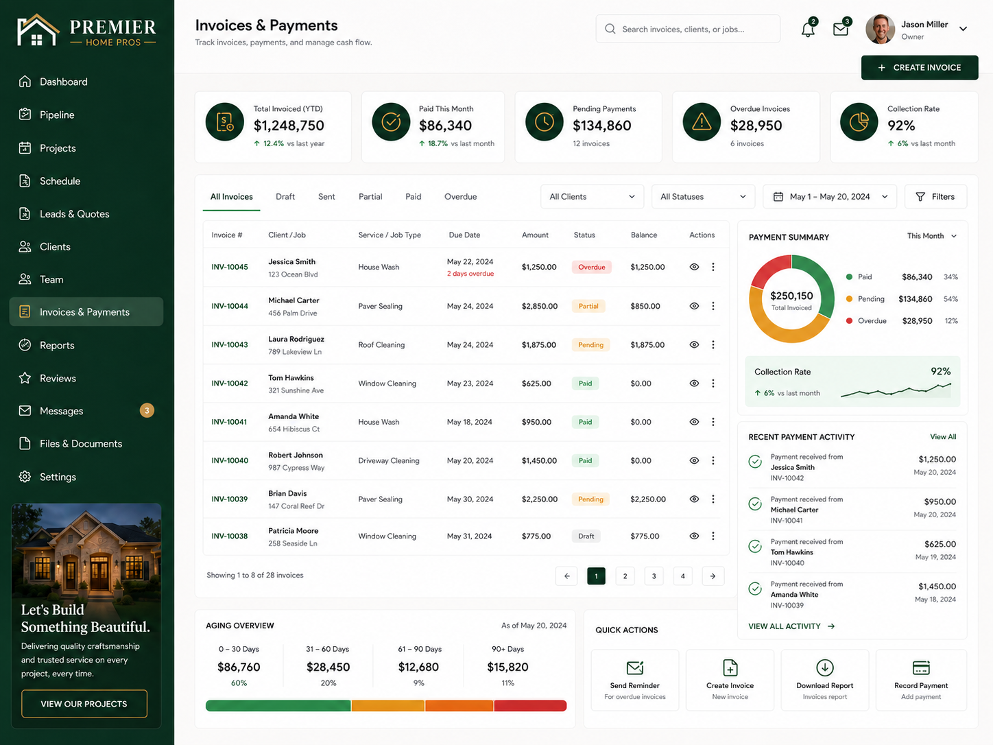 Summit Home Pros invoices and payments dashboard with status tracking