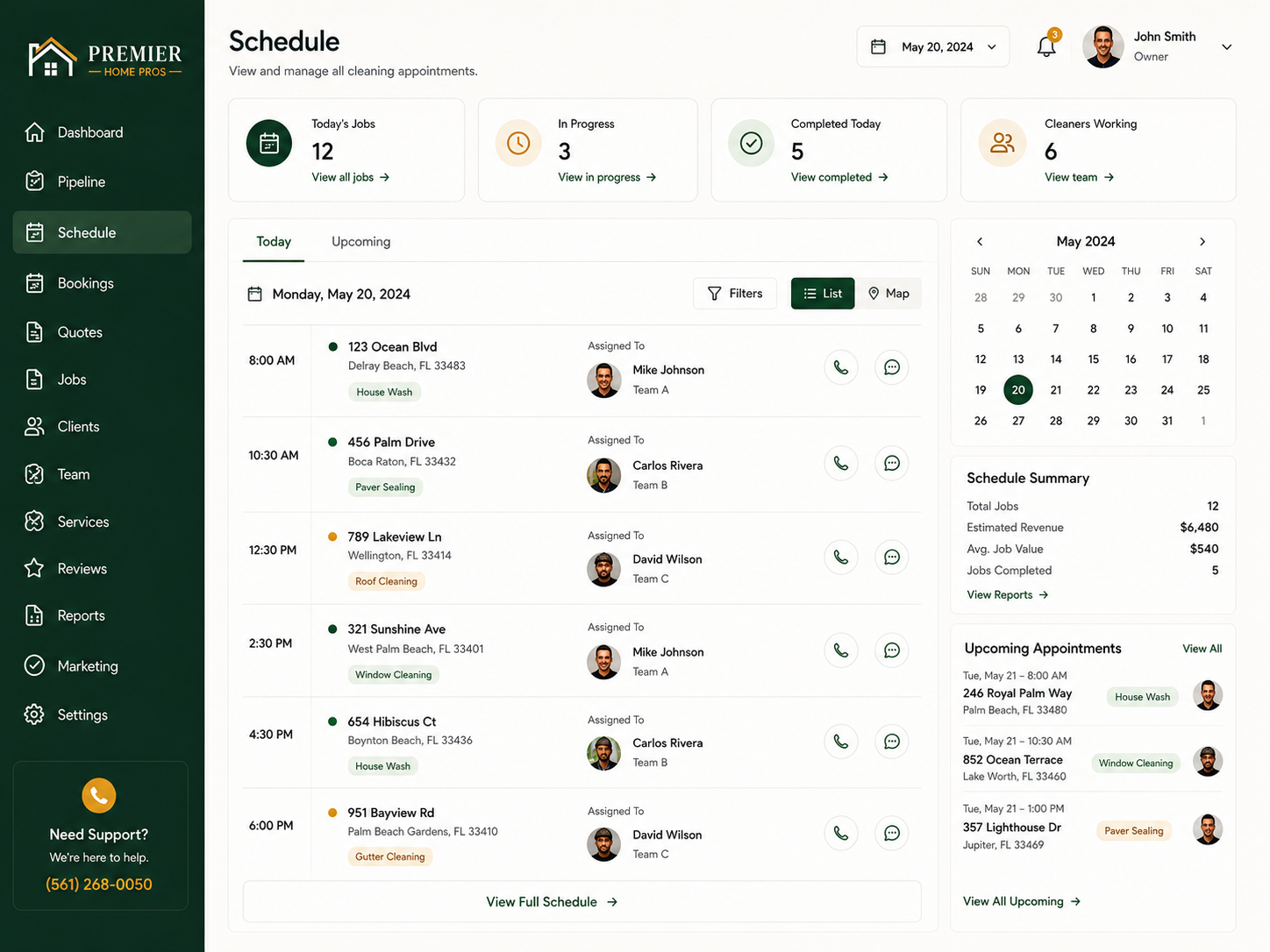 Summit Home Pros schedule dashboard showing appointments and crew assignments
