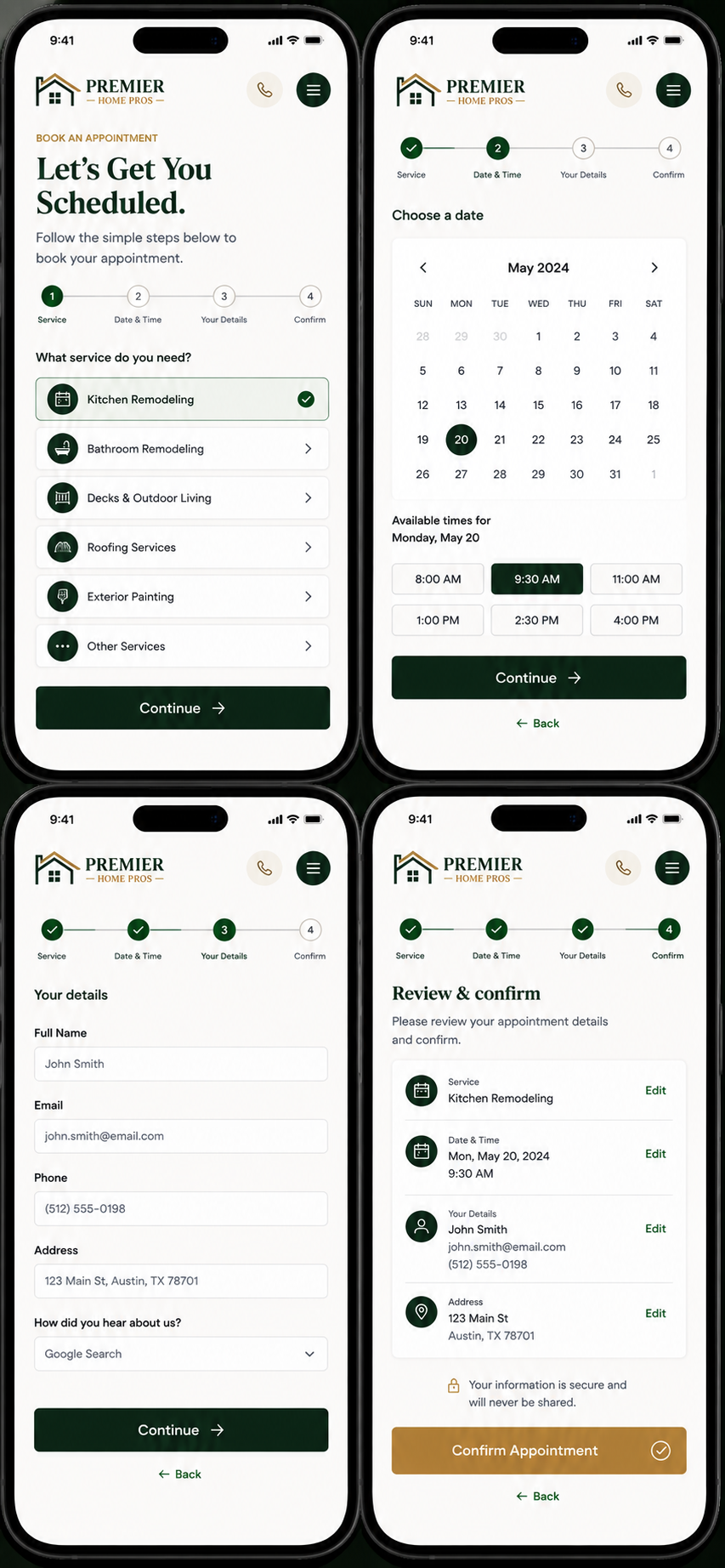 Summit Home Pros mobile booking flow from project selection to quote confirmation