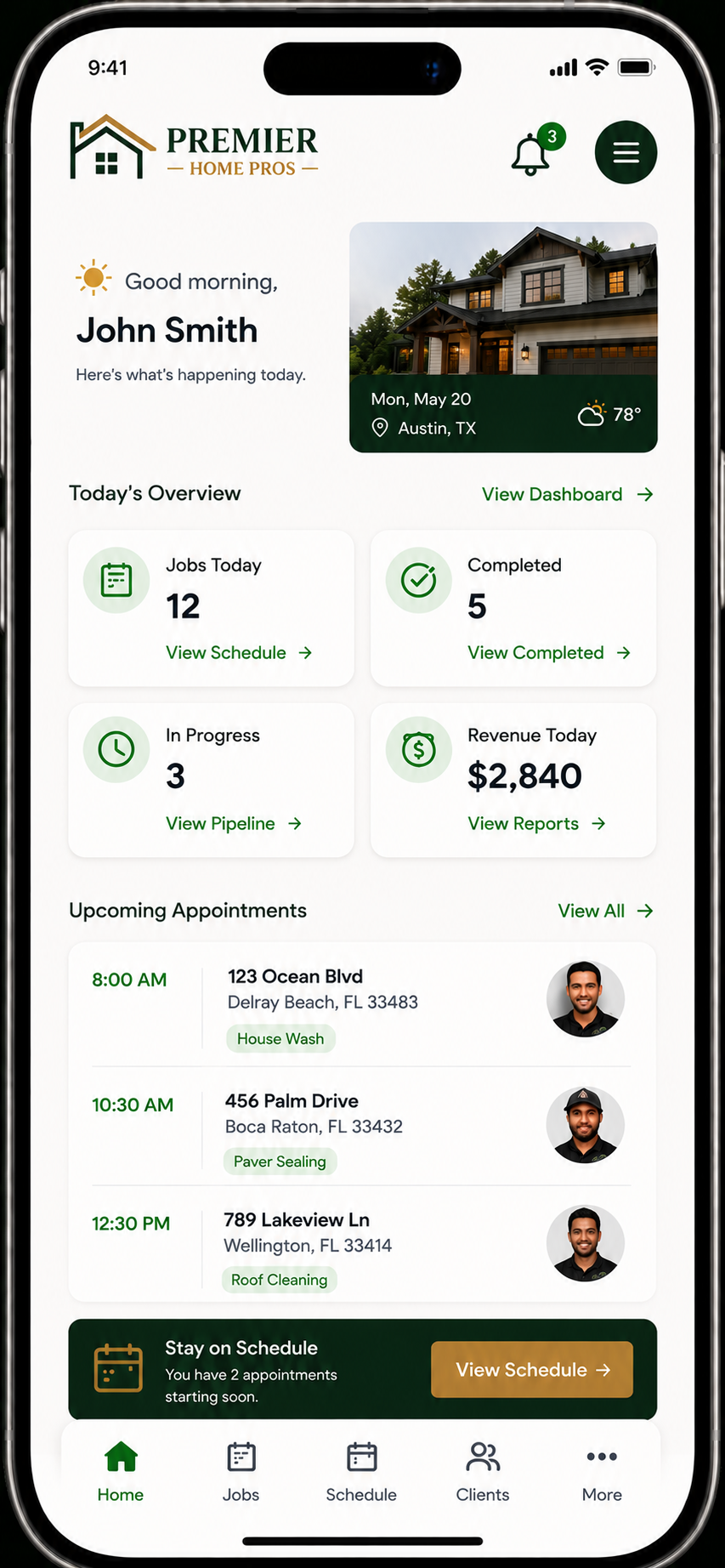 Summit Home Pros mobile dashboard overview for leads, jobs, invoices, and follow-ups