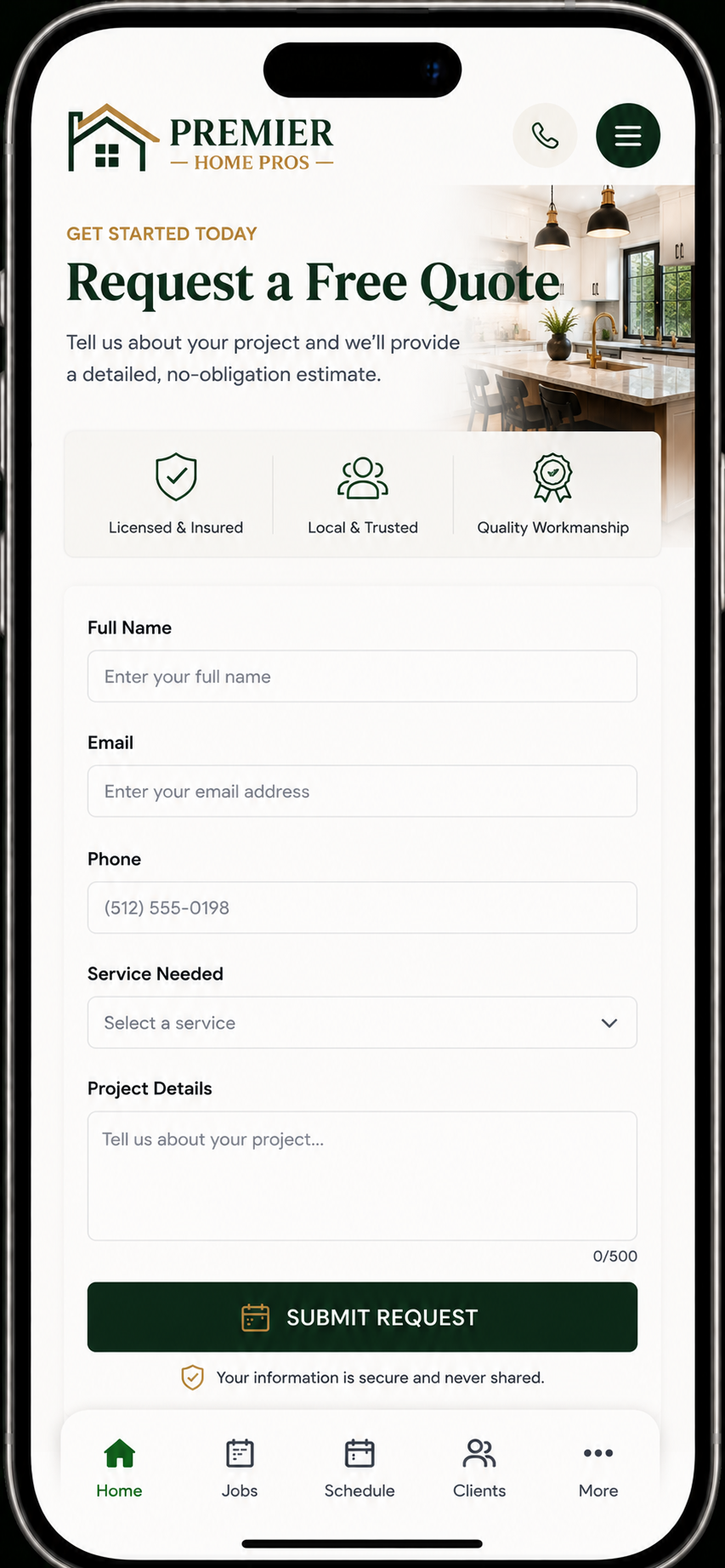 Summit Home Pros mobile lead form quick quote request flow