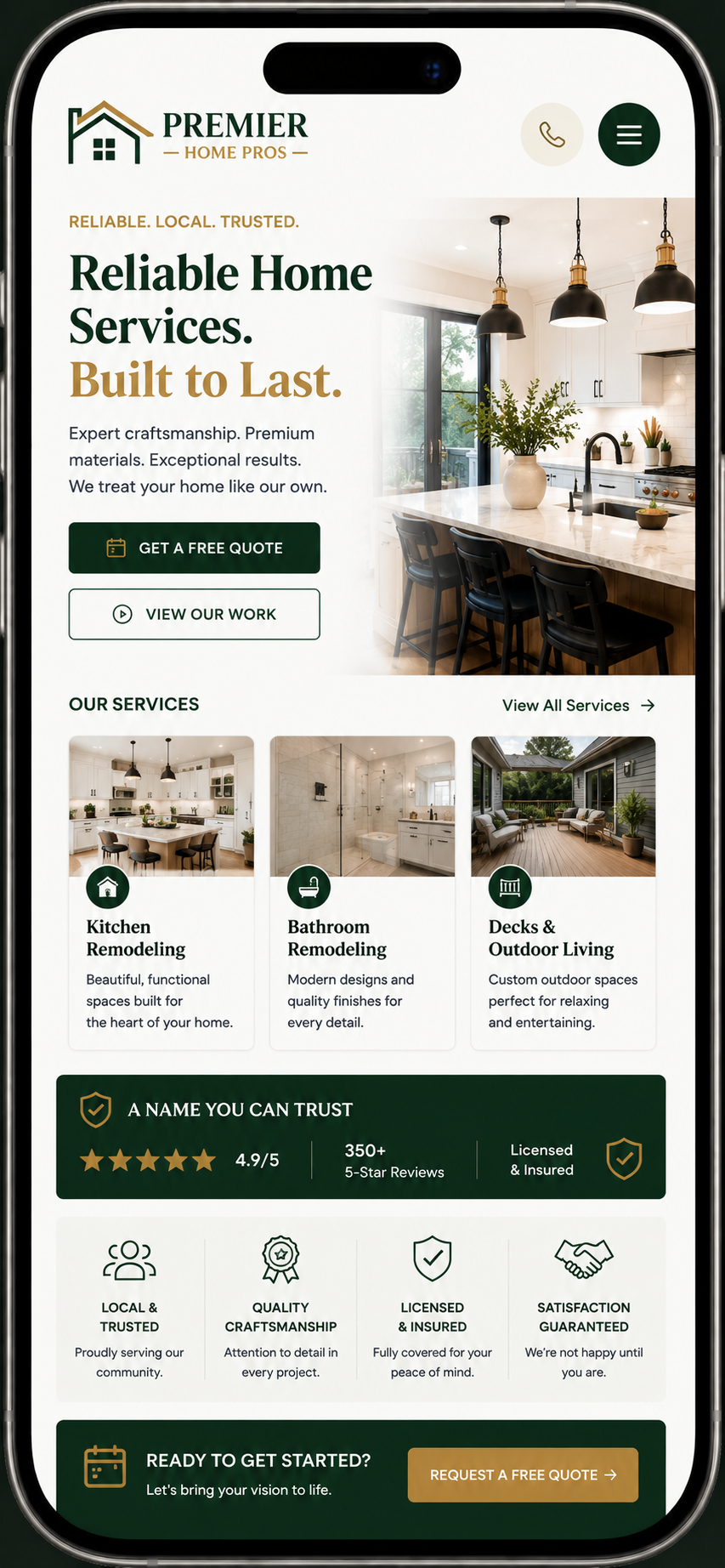 Summit Home Pros mobile website services, trust, and CTA mockup