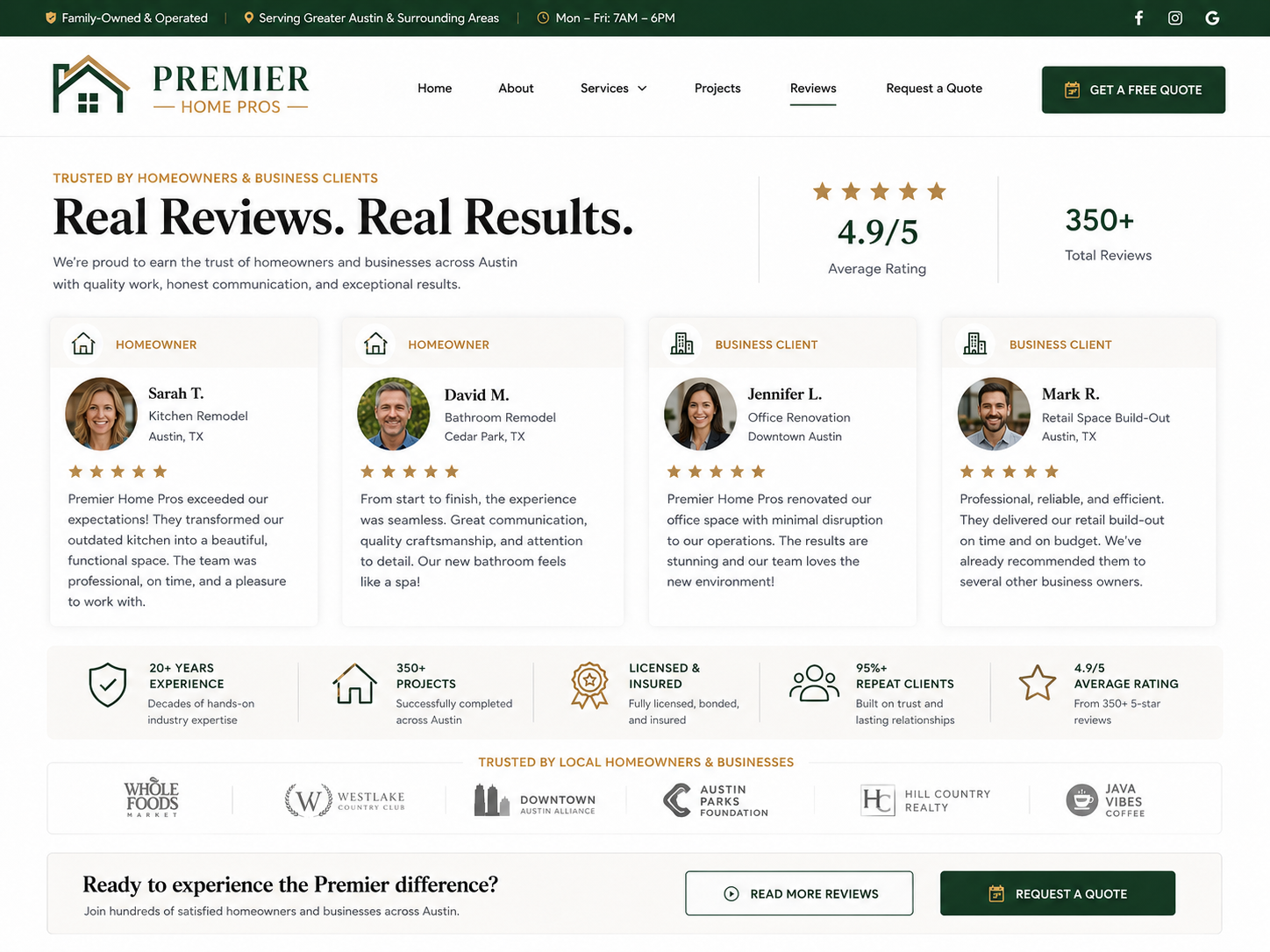 Summit Home Pros testimonials and homeowner reviews mockup