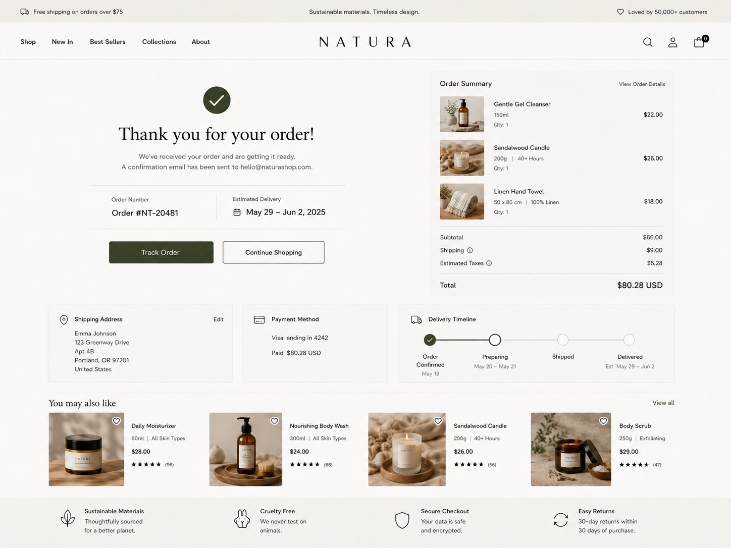 Natura order confirmation mockup