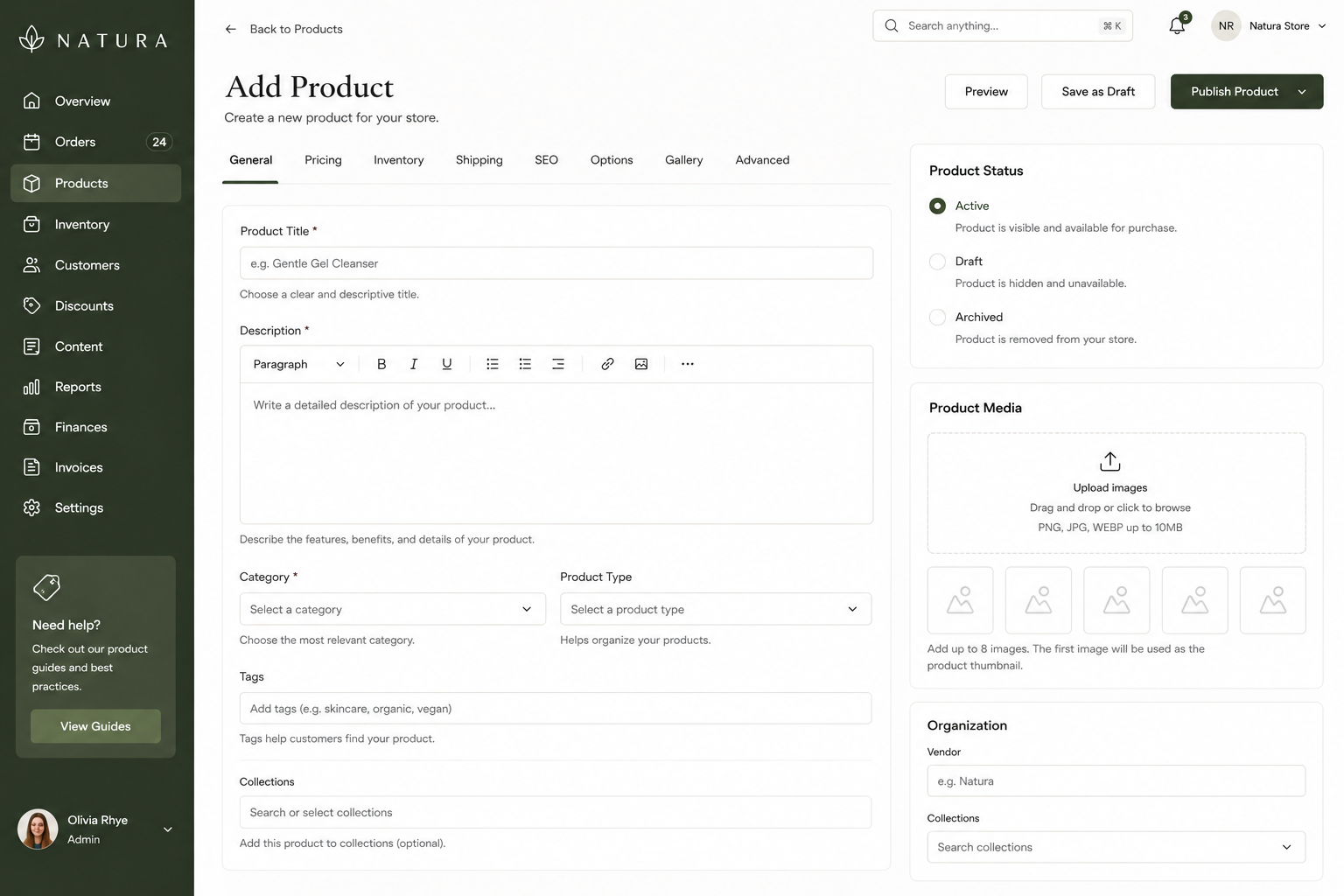 Natura stock adjustment dashboard mockup