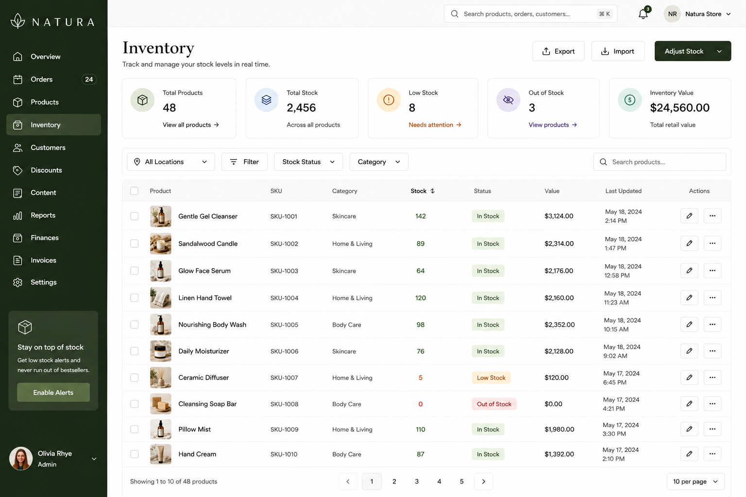 Natura inventory dashboard mockup