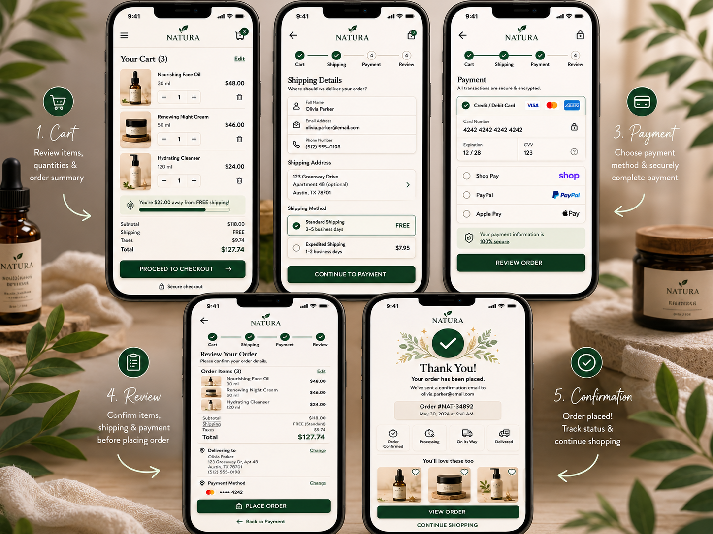 Natura mobile cart and checkout flow mockup