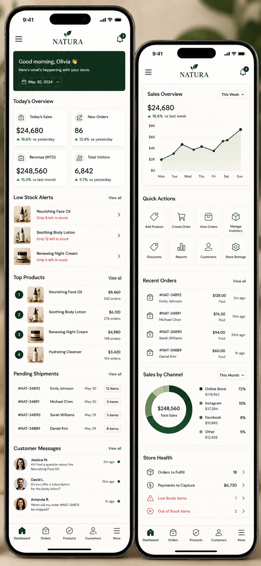 Natura mobile sales dashboard overview mockup