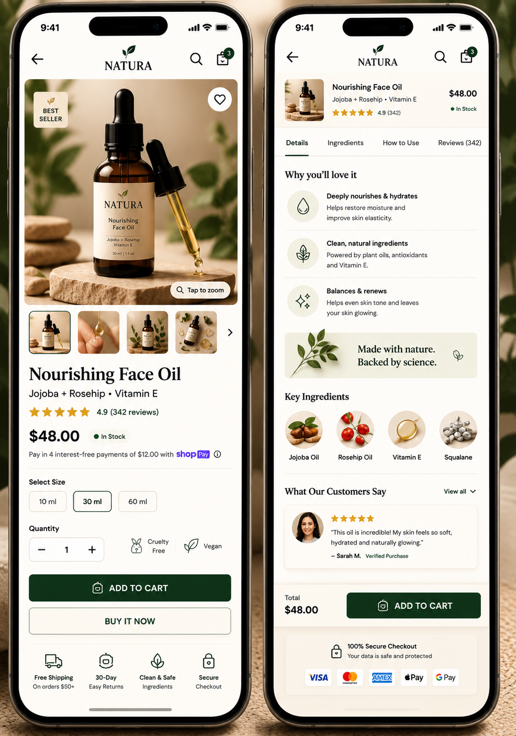 Natura mobile product detail and add to cart mockup