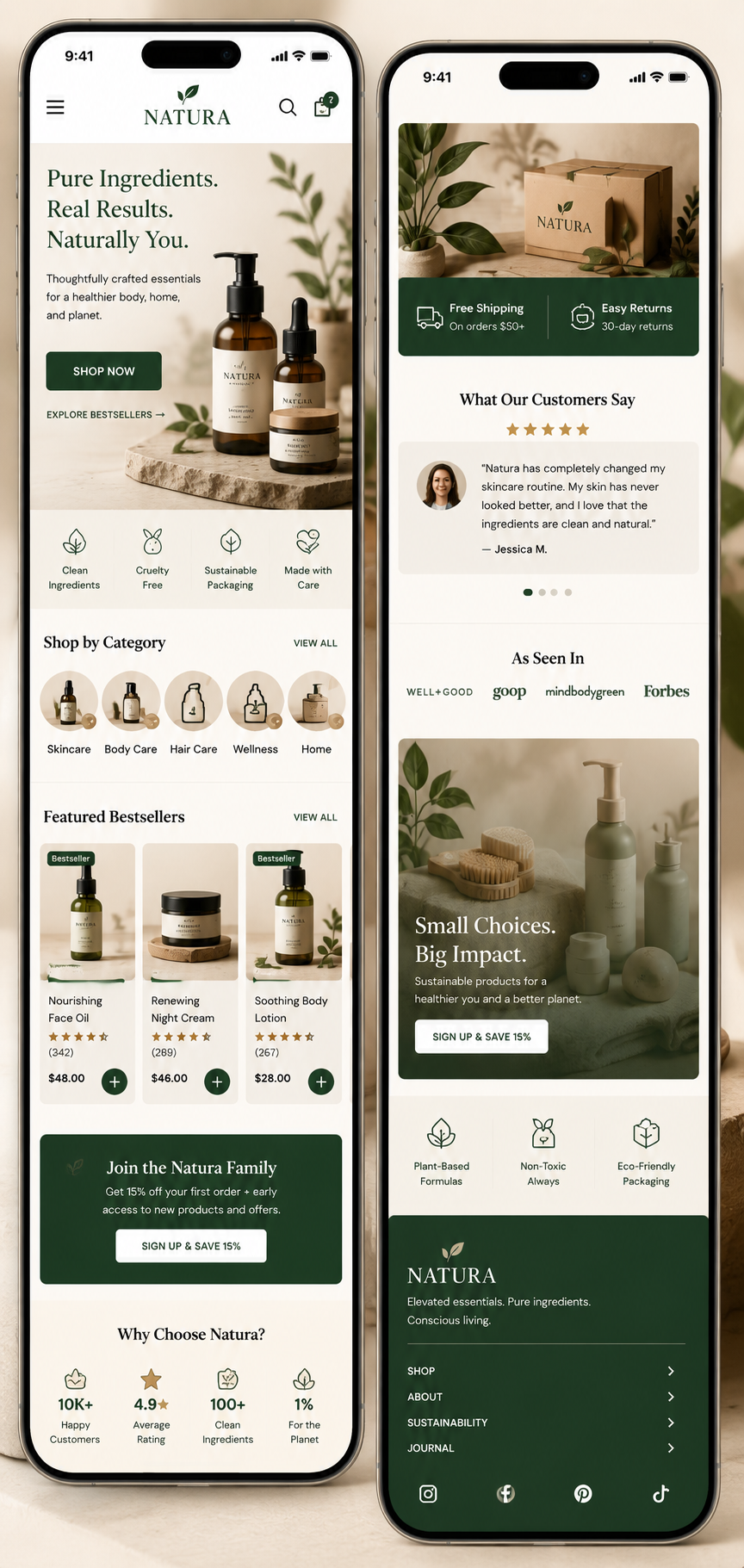 Natura mobile storefront products and trust mockup