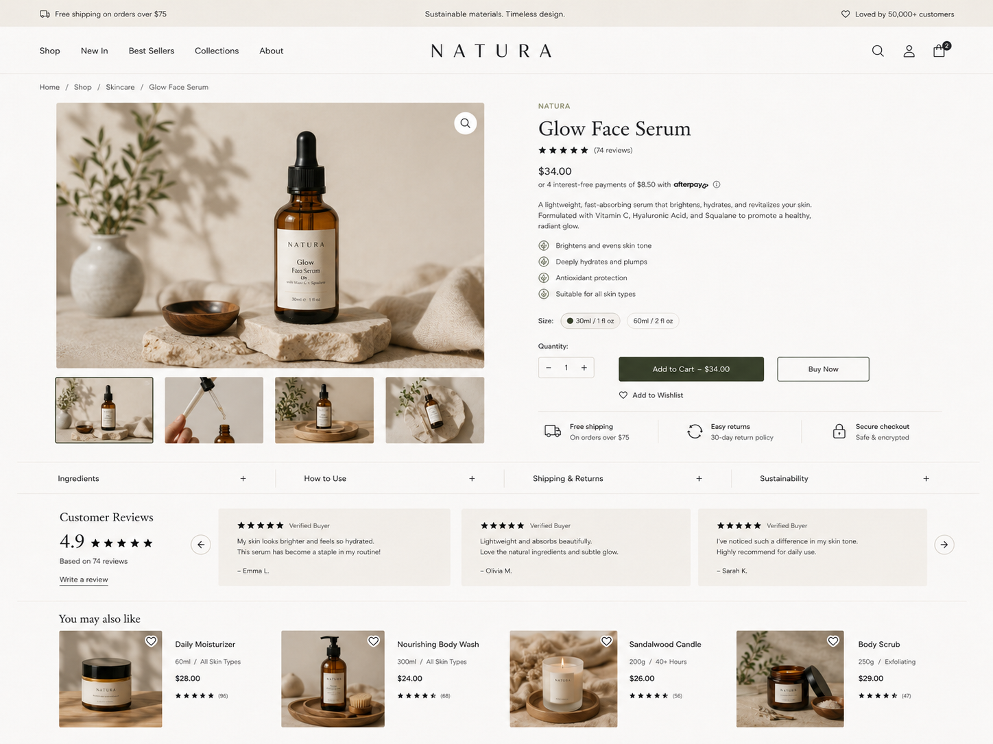 Natura product detail page mockup