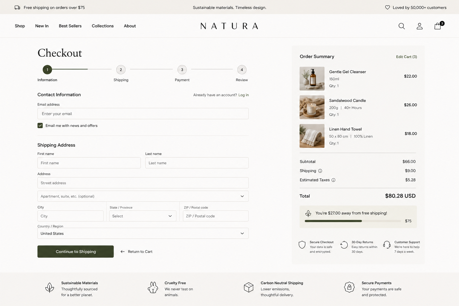 Natura checkout form mockup
