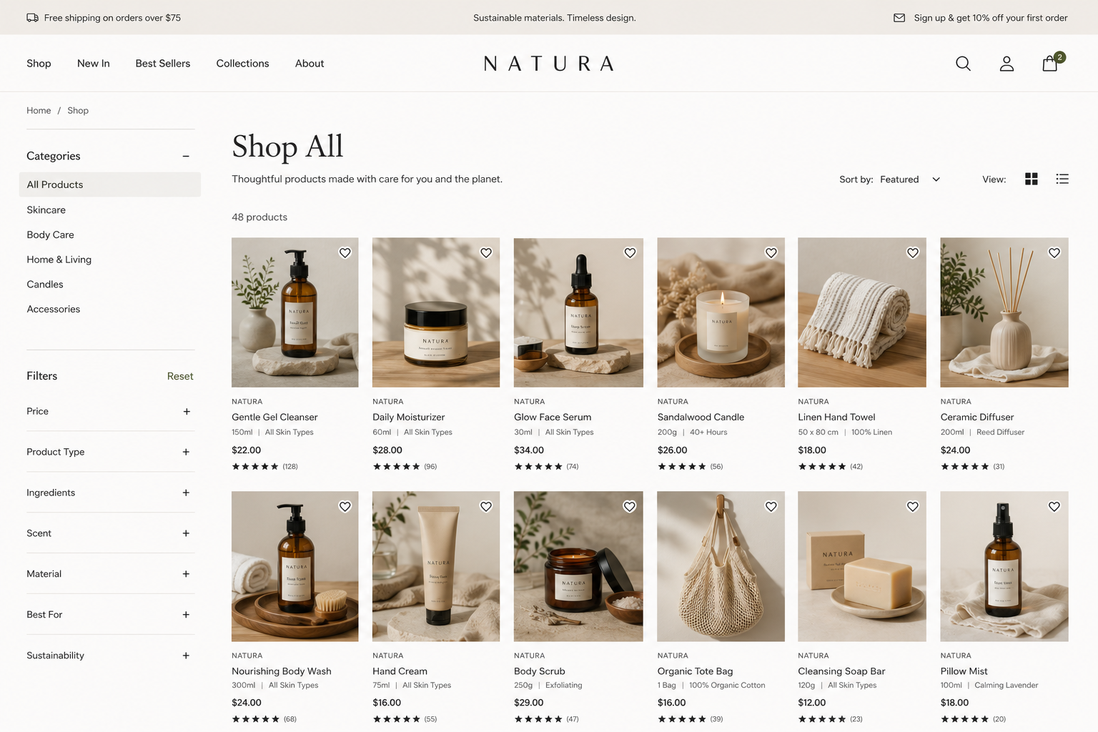 Natura shop collection and product grid mockup