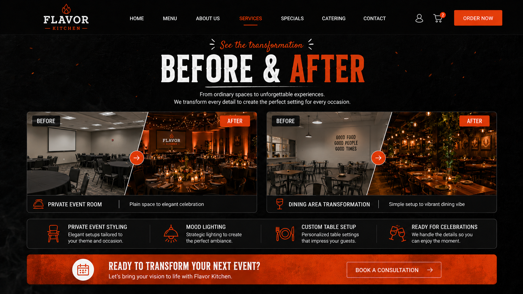Savor House venue transformation and event setup mockup