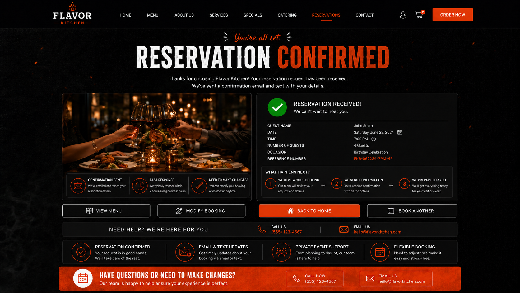 Savor House reservation confirmation mockup