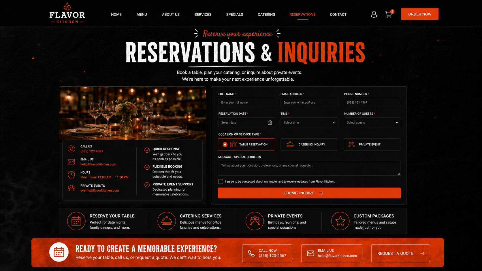 Savor House reservation and inquiry form mockup