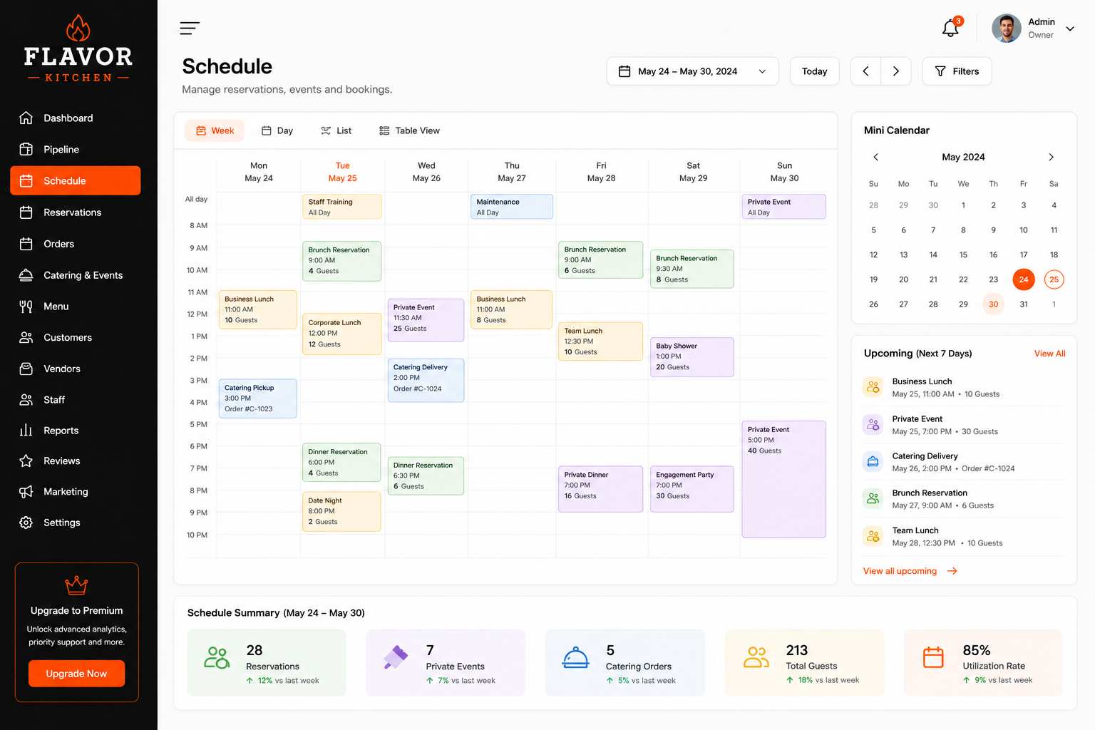 Savor House schedule dashboard for reservations and events