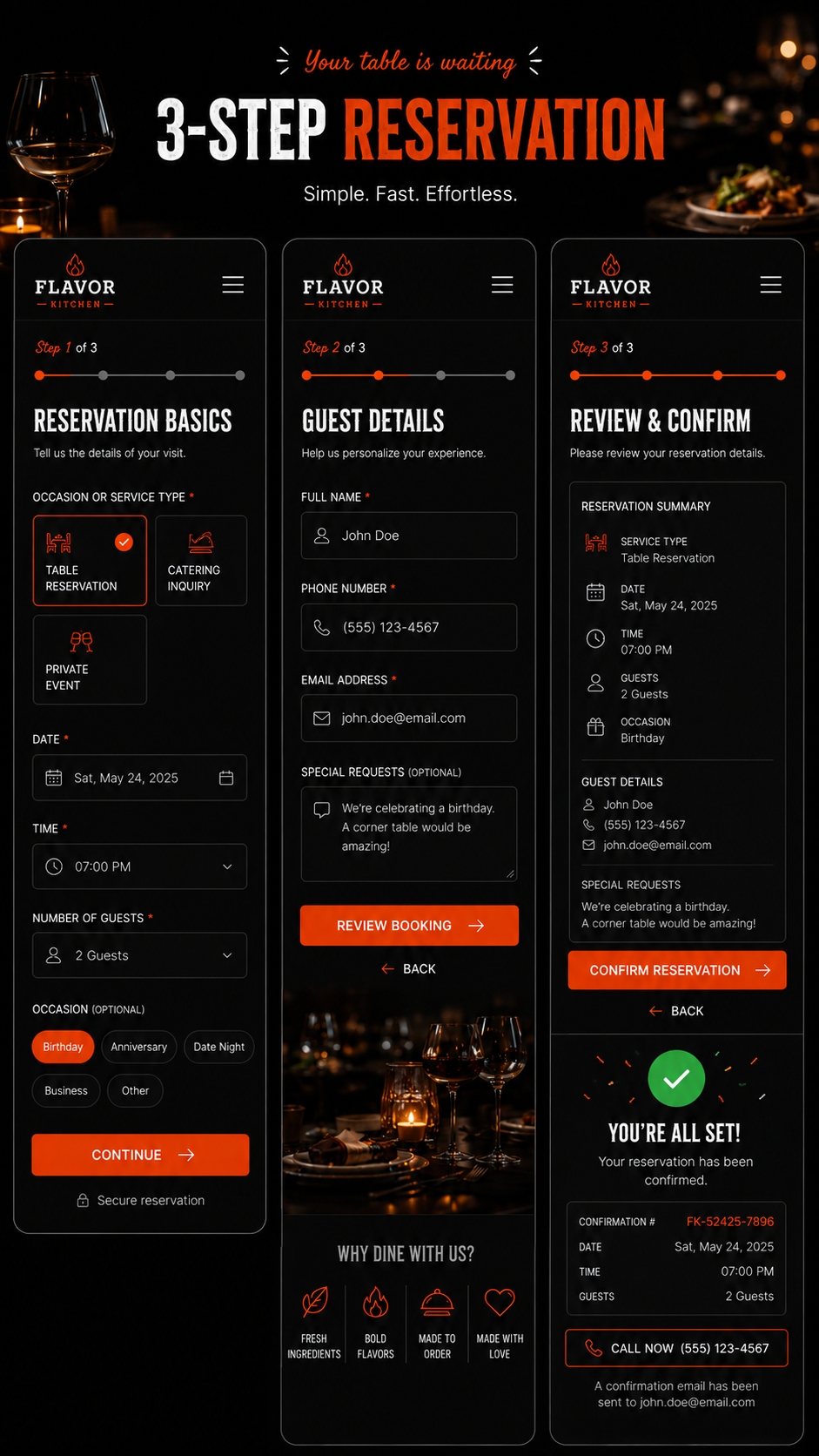 Savor House mobile ordering and reservation flow mockup