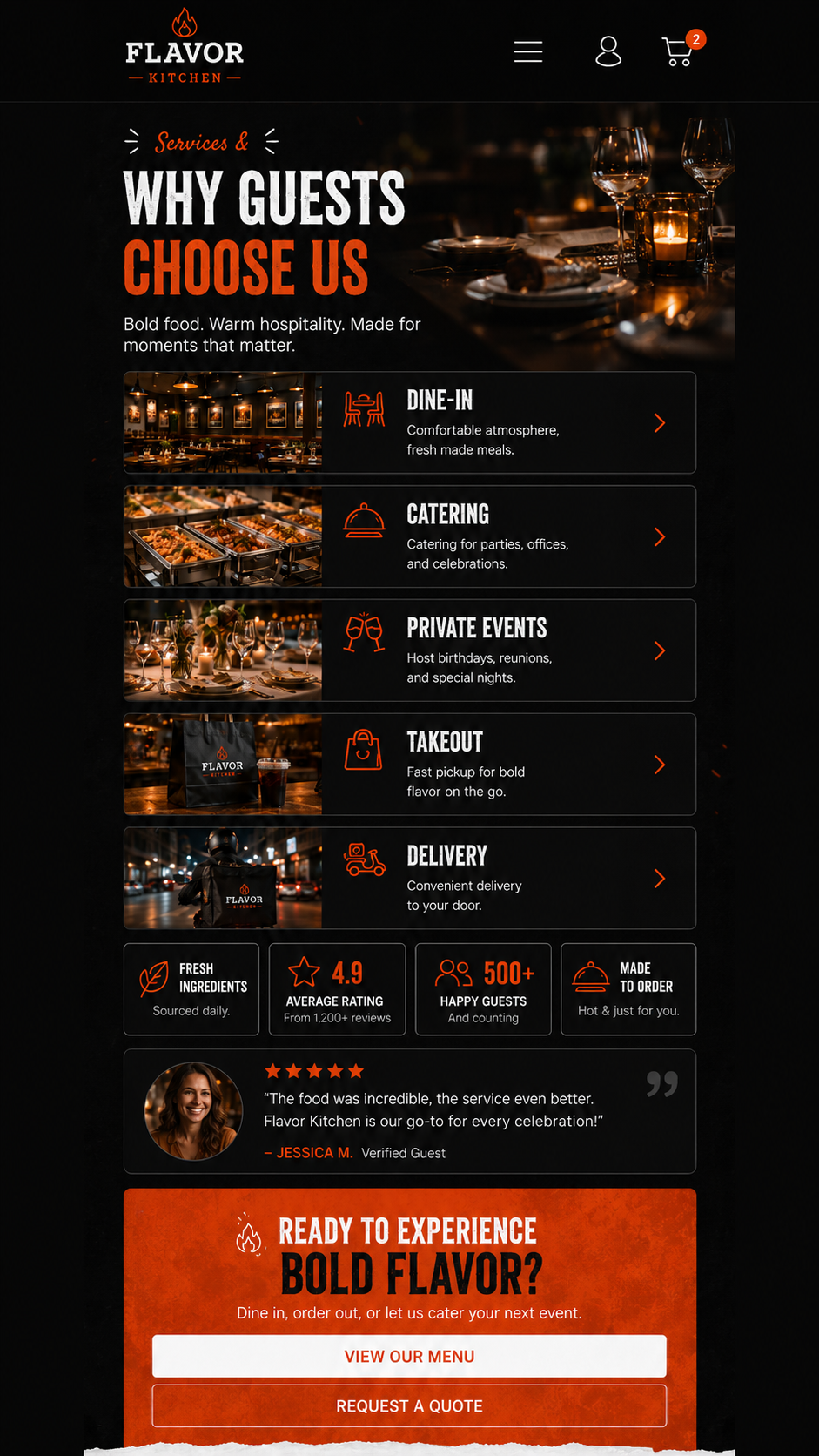 Savor House mobile website services, menu, trust, and CTA mockup