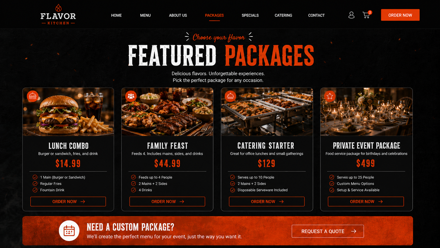 Savor House menu packages and pricing mockup