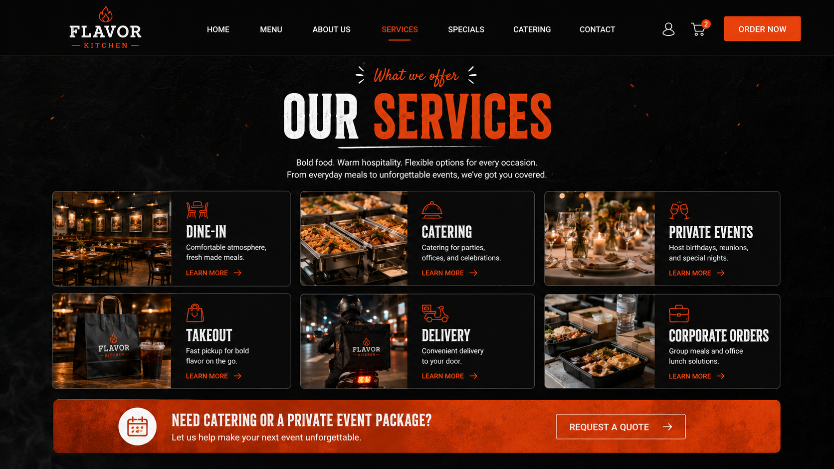 Savor House offerings and food service cards mockup