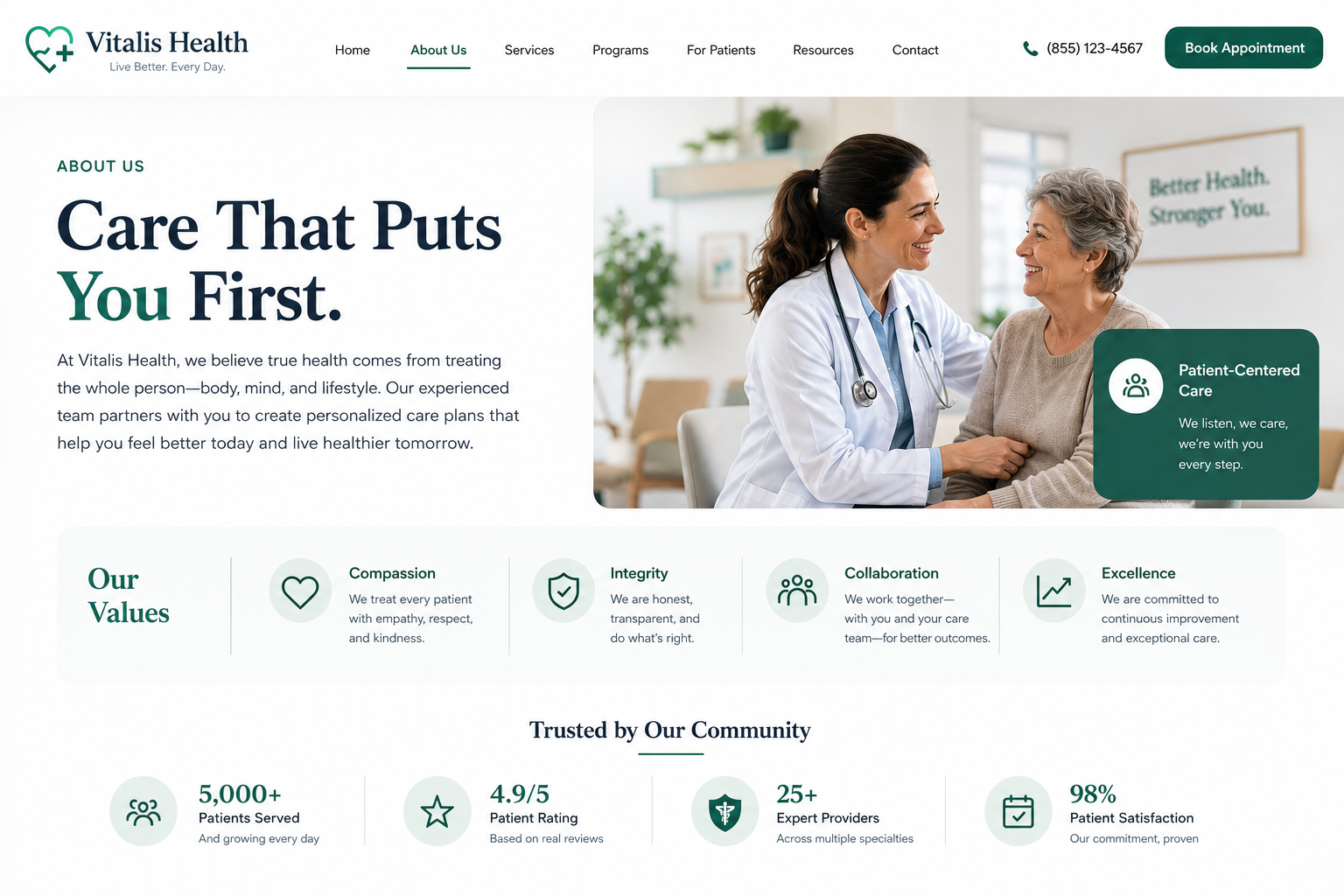 Vitalis Health about and provider trust section mockup