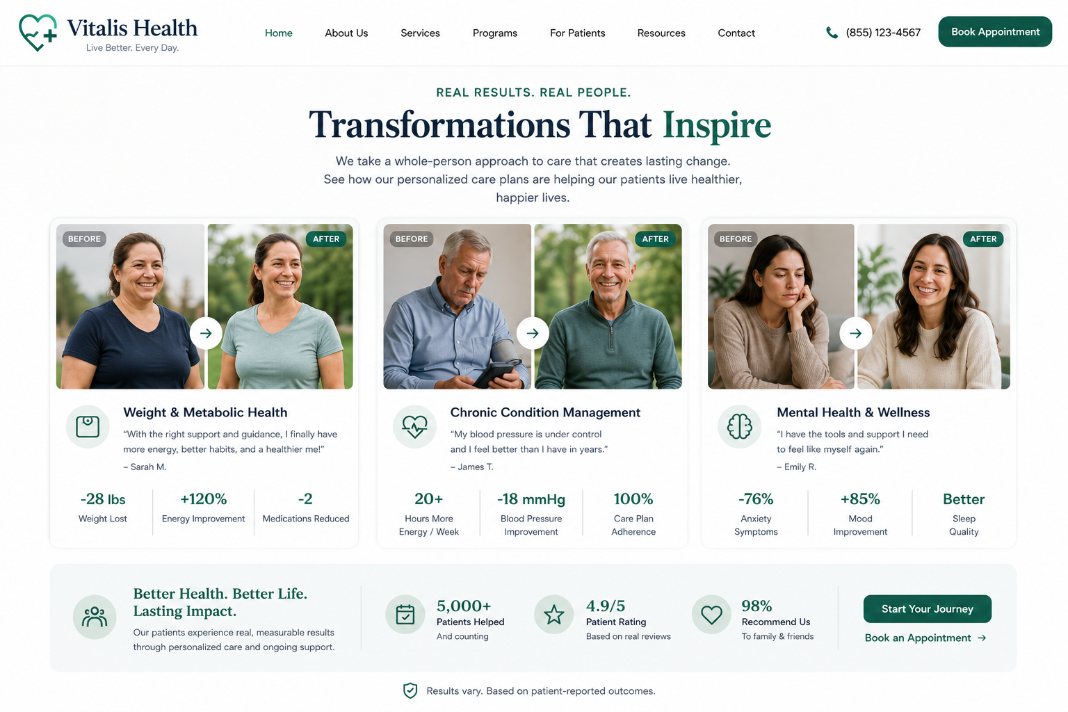 Vitalis Health client progress and wellness transformation section mockup