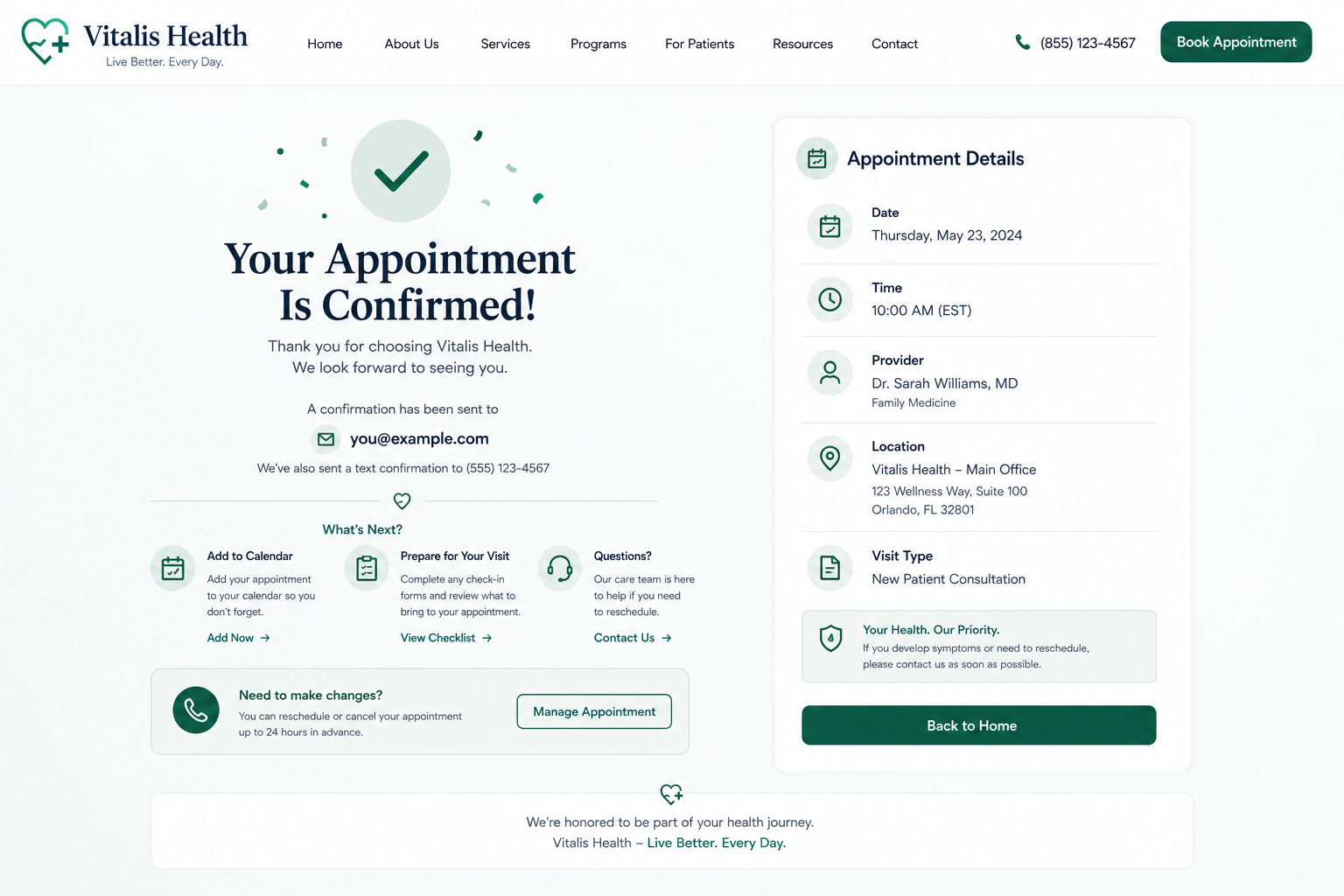 Vitalis Health booking confirmation and success state mockup