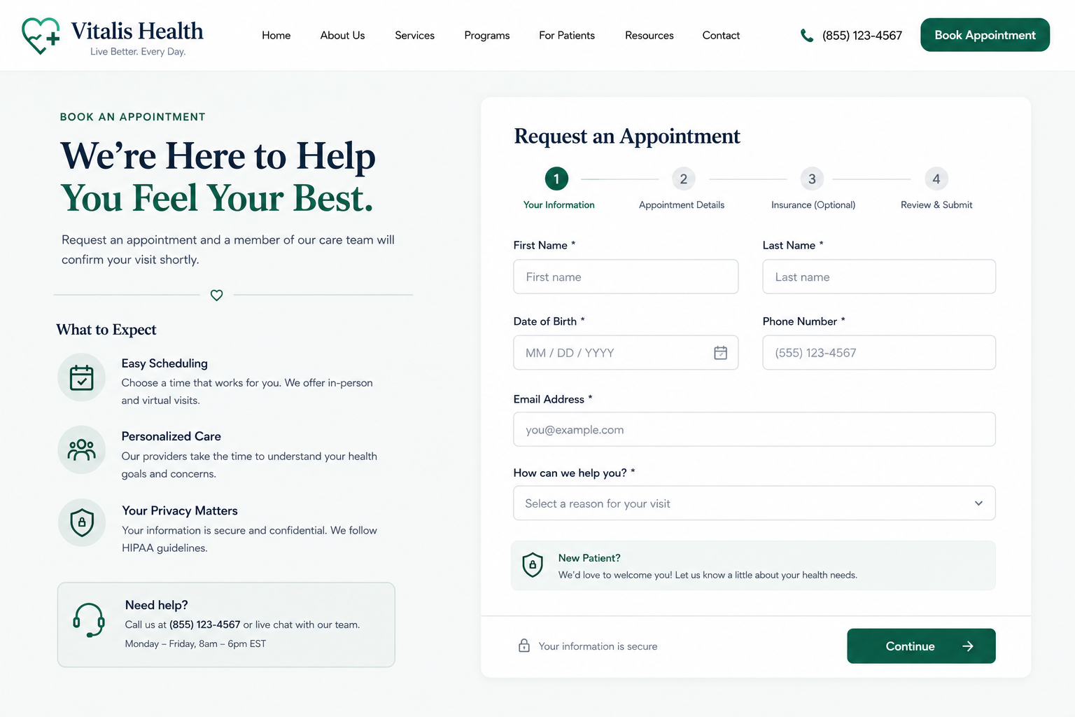 Vitalis Health consultation booking and intake form mockup