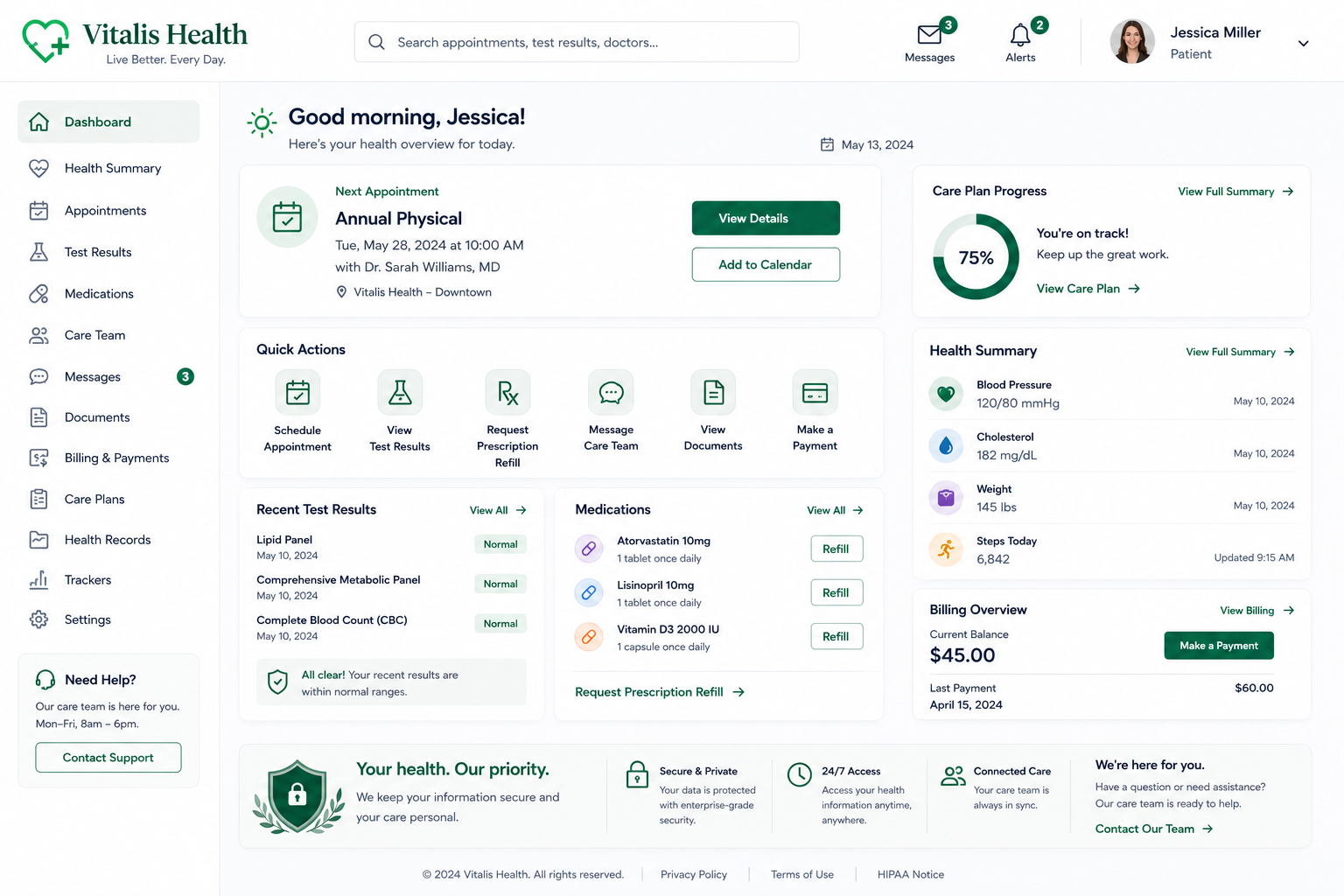Vitalis Health appointment schedule and provider calendar dashboard