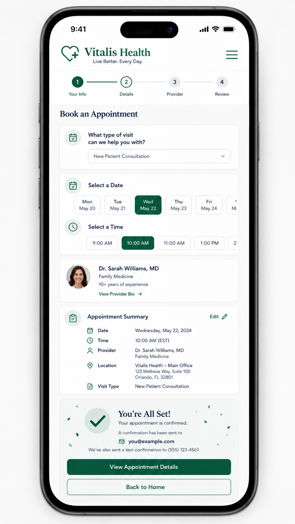 Vitalis Health mobile booking and intake flow preview