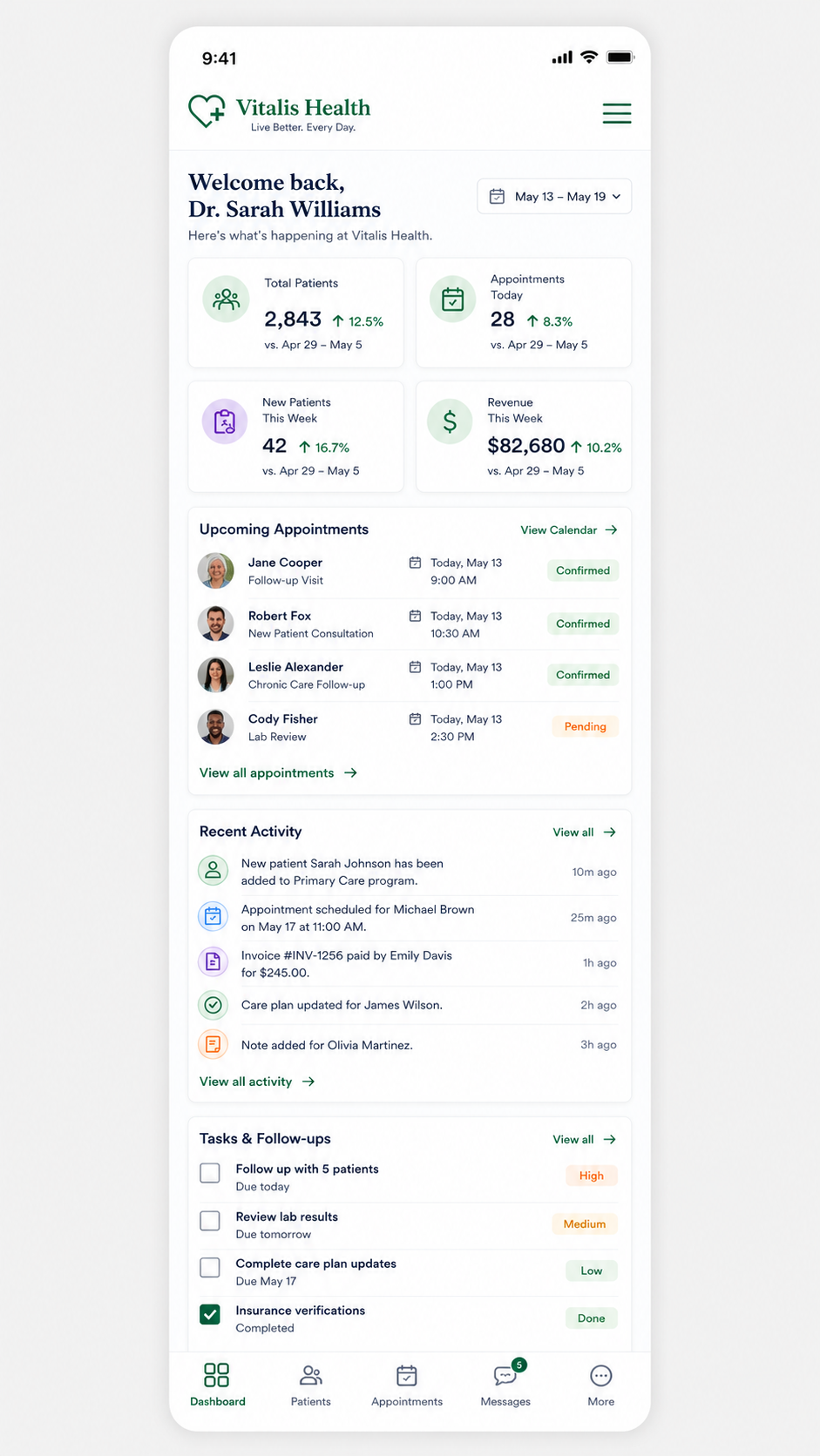 Vitalis Health mobile provider dashboard overview for appointments patients and activity