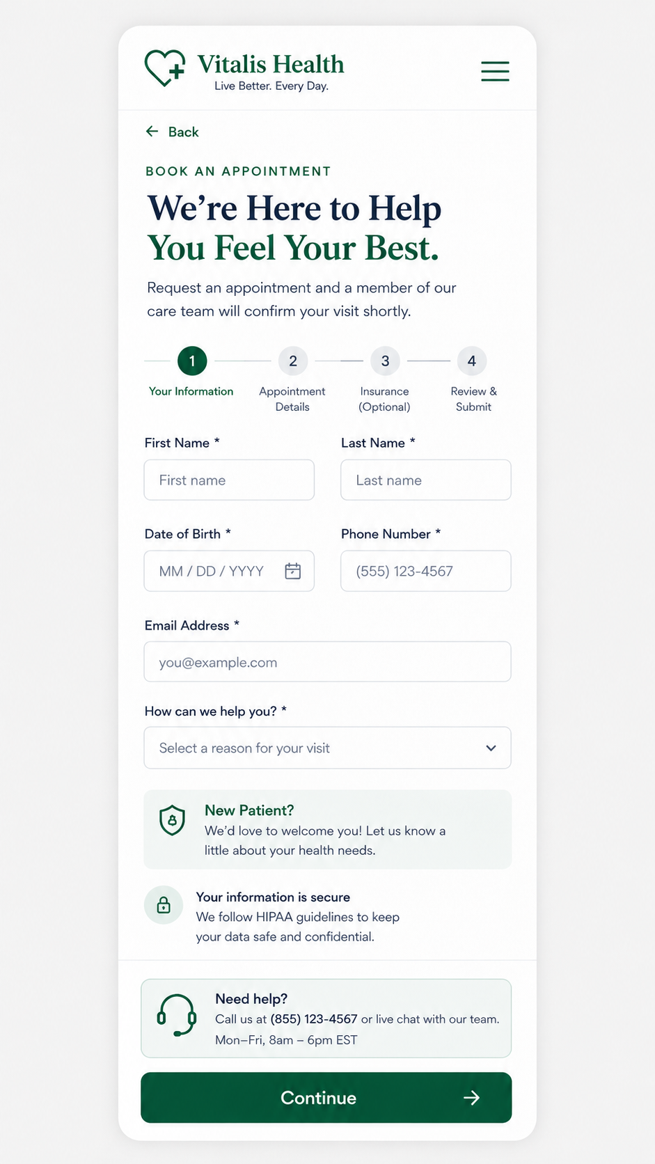 Vitalis Health mobile consultation intake form flow