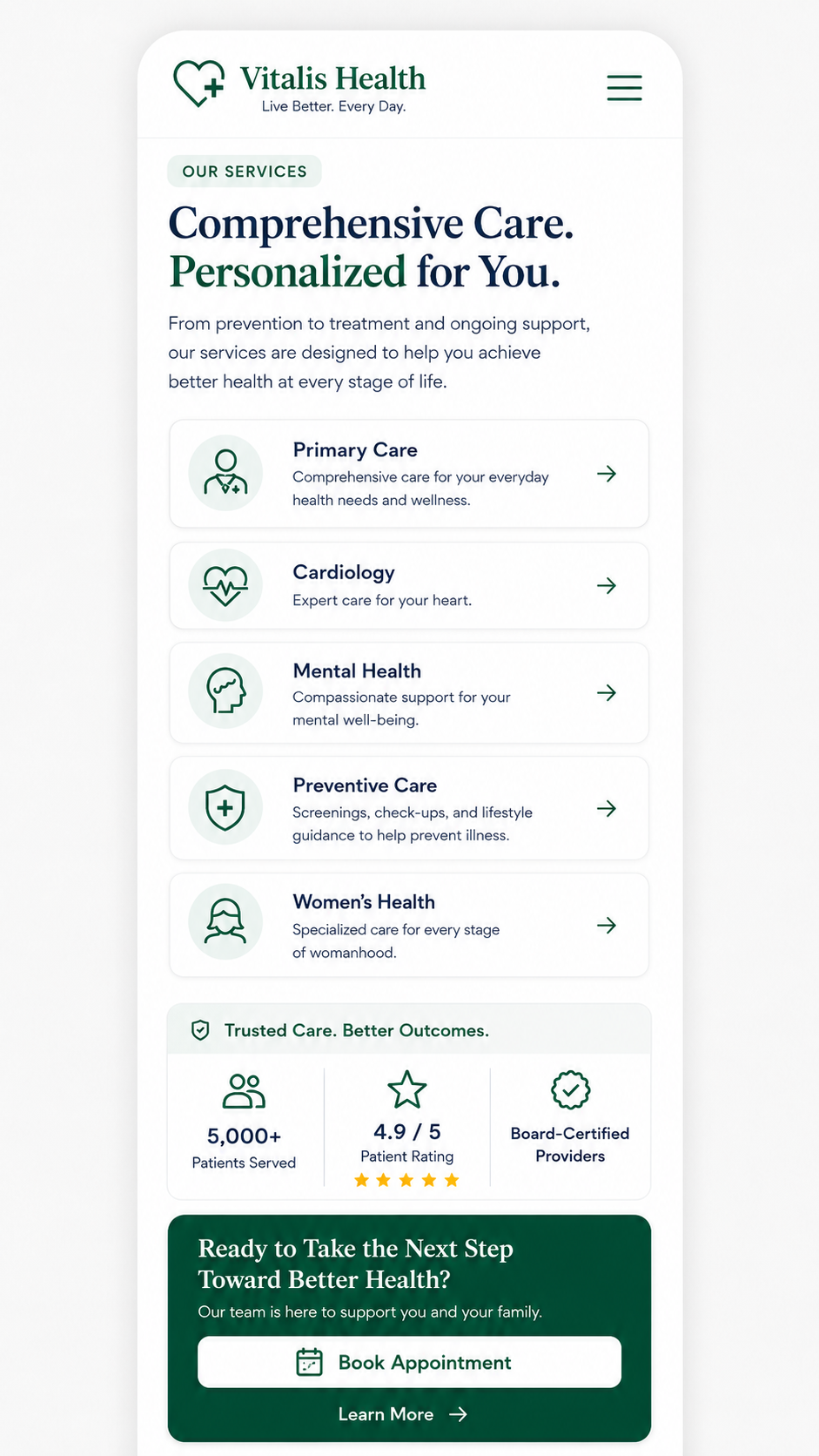 Vitalis Health mobile website services trust and CTA mockup