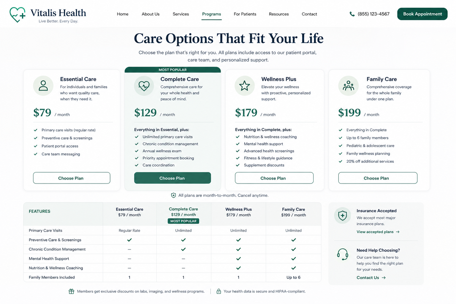 Vitalis Health wellness plans and package tiers mockup