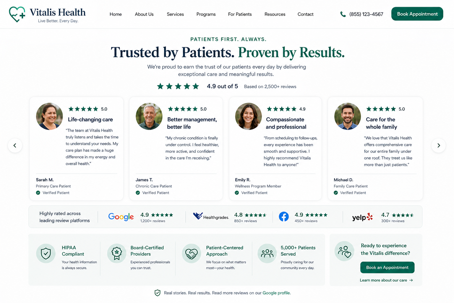 Vitalis Health testimonials and patient reviews section mockup