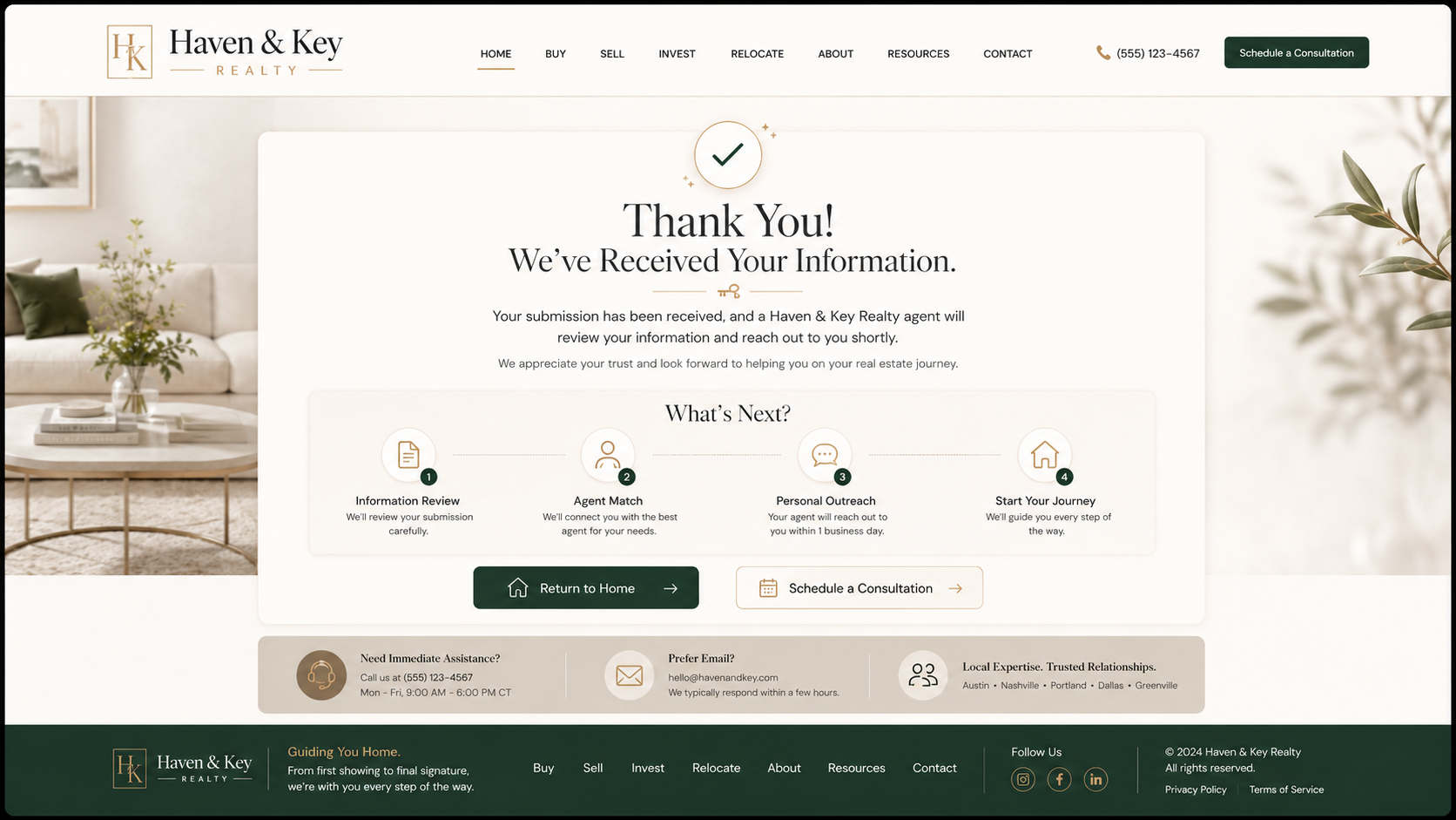 Haven & Key Realty confirmation page mockup