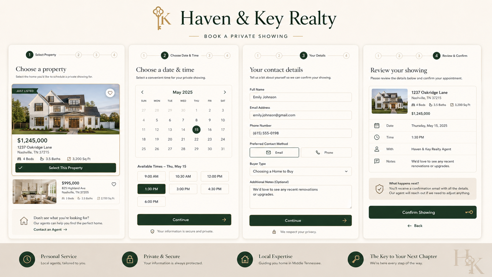Haven & Key Realty consultation booking flow mockup
