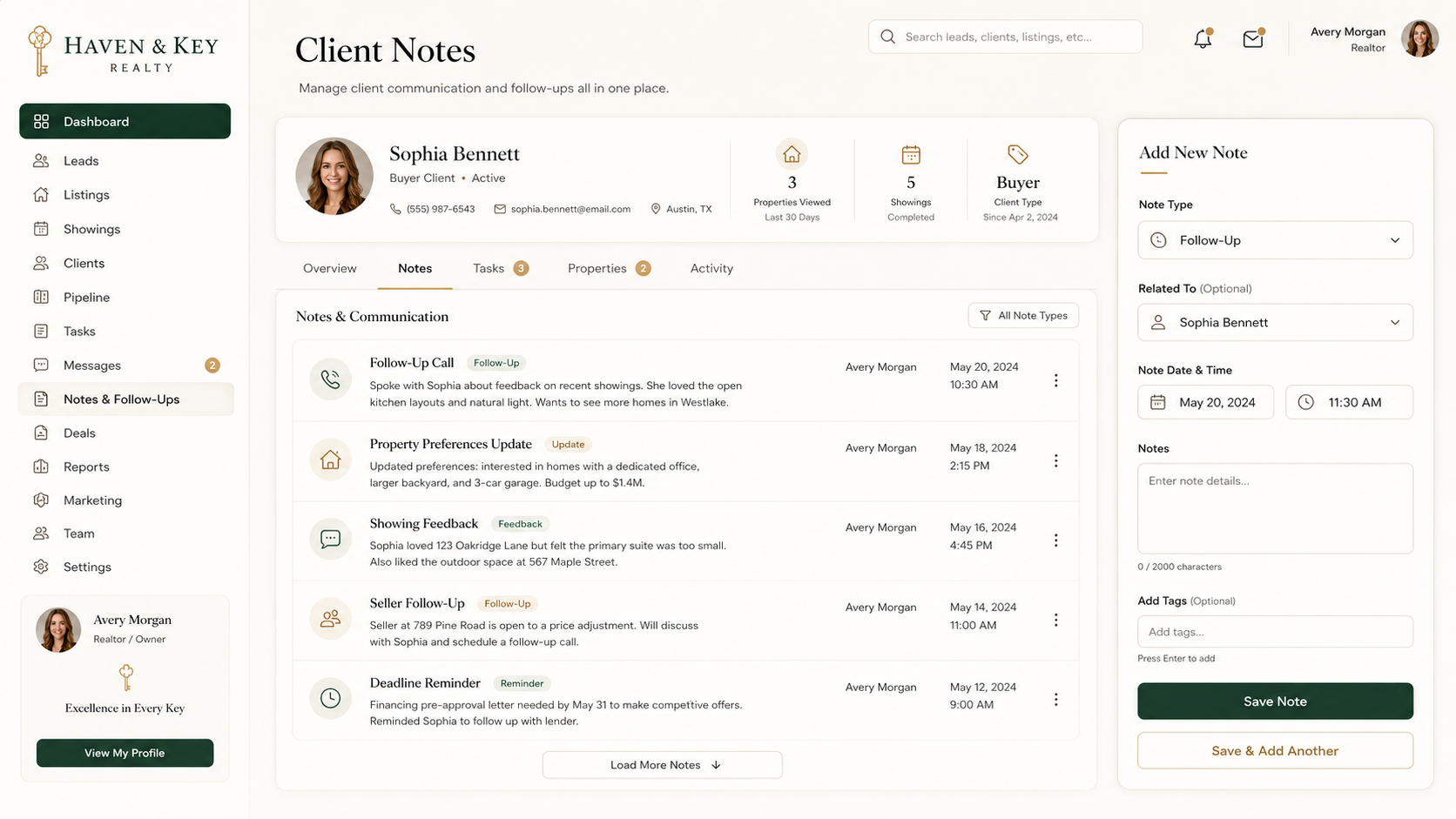 Haven & Key Realty client notes dashboard mockup