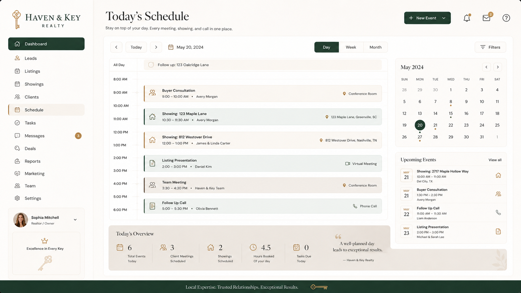 Haven & Key Realty schedule dashboard mockup