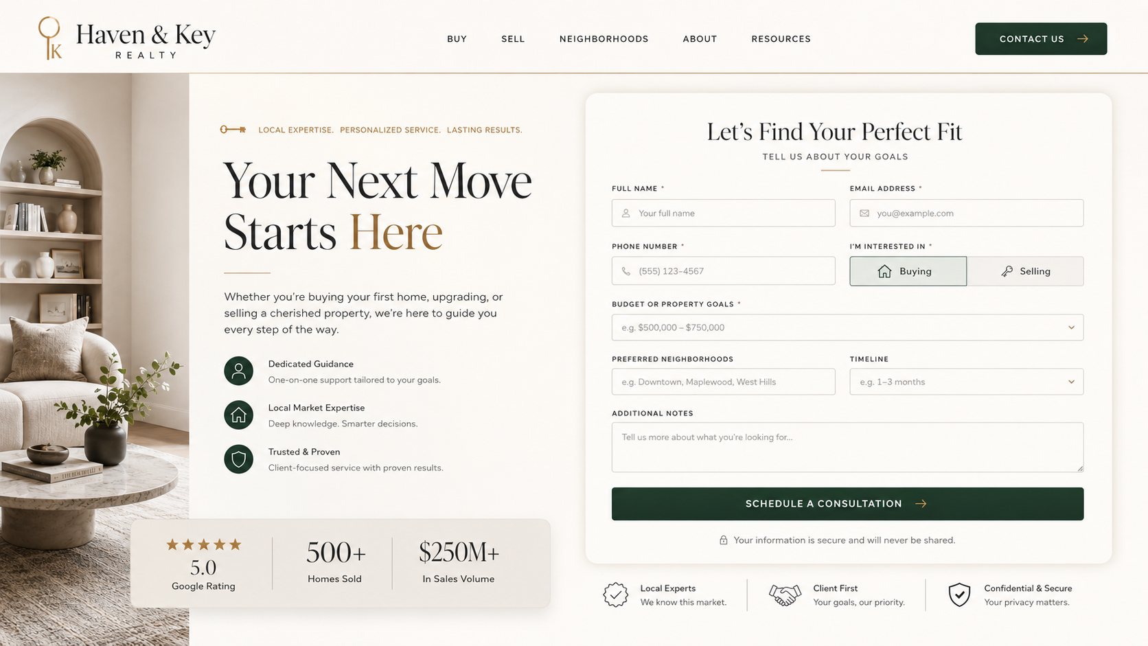 Haven & Key Realty lead form mockup
