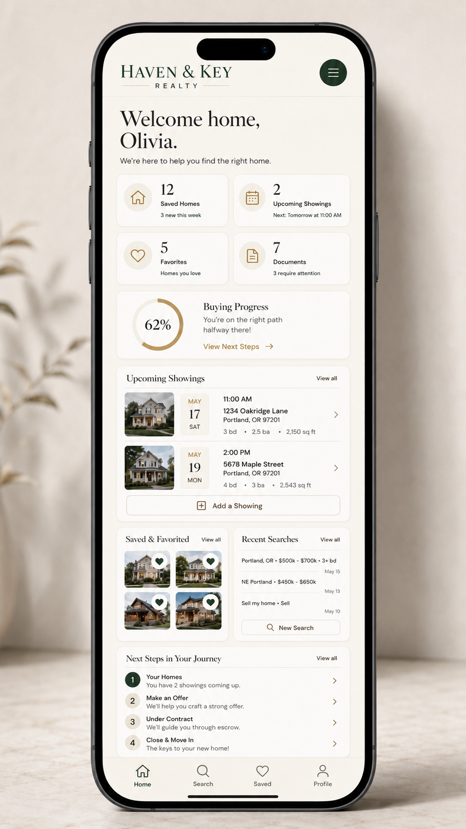 Haven & Key Realty mobile dashboard overview for leads, pipeline, and activity