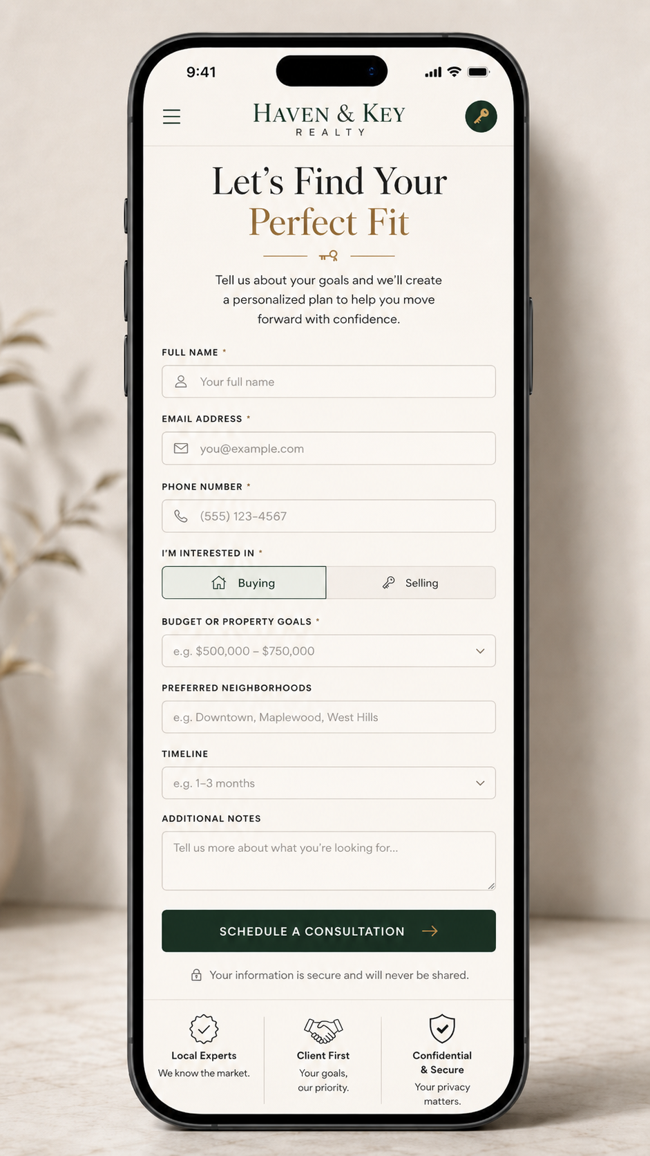 Haven & Key Realty mobile lead form and consultation request flow