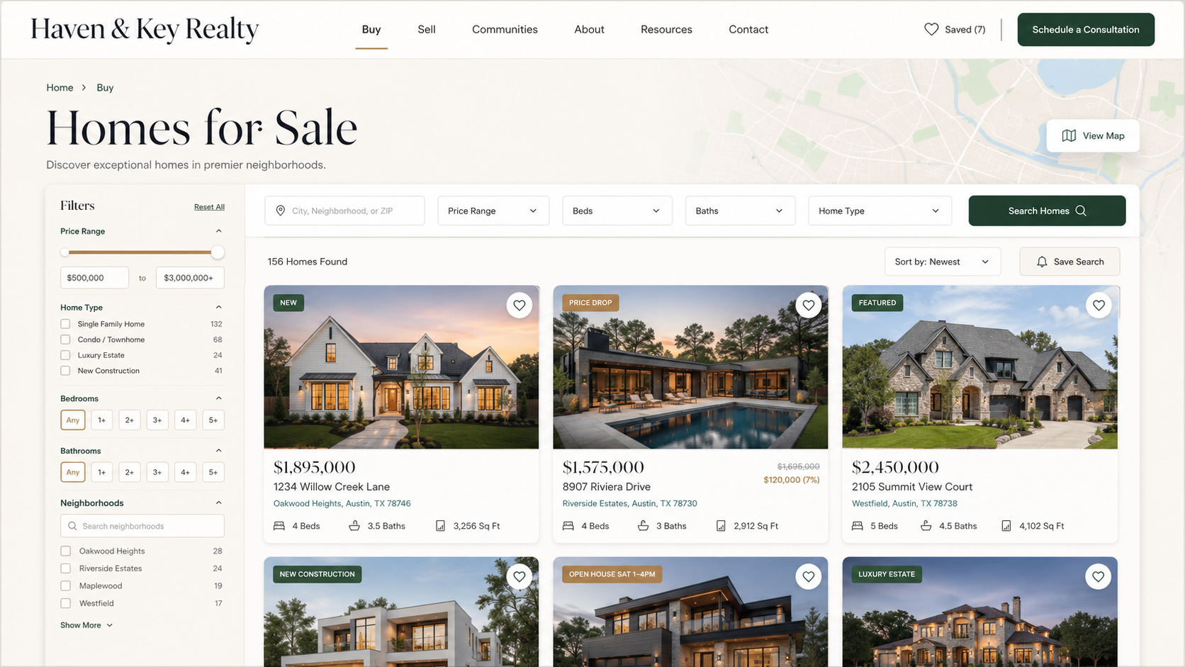 Haven & Key Realty listings page mockup