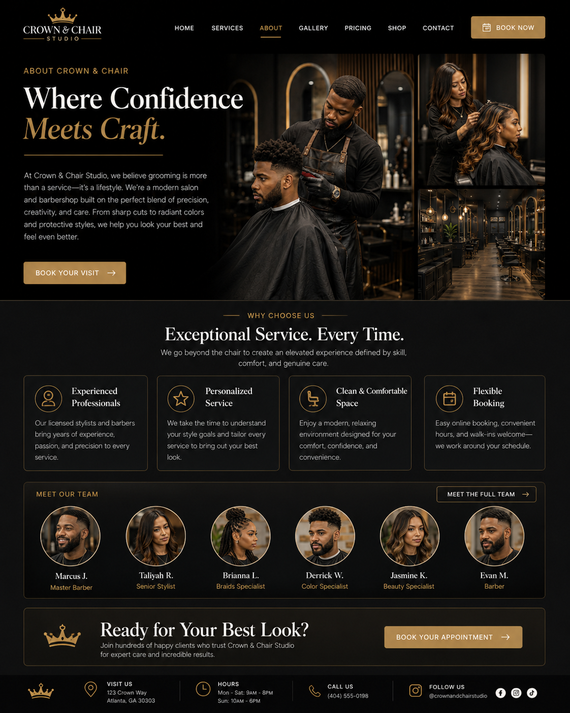 Crown & Chair Studio salon about and results section mockup